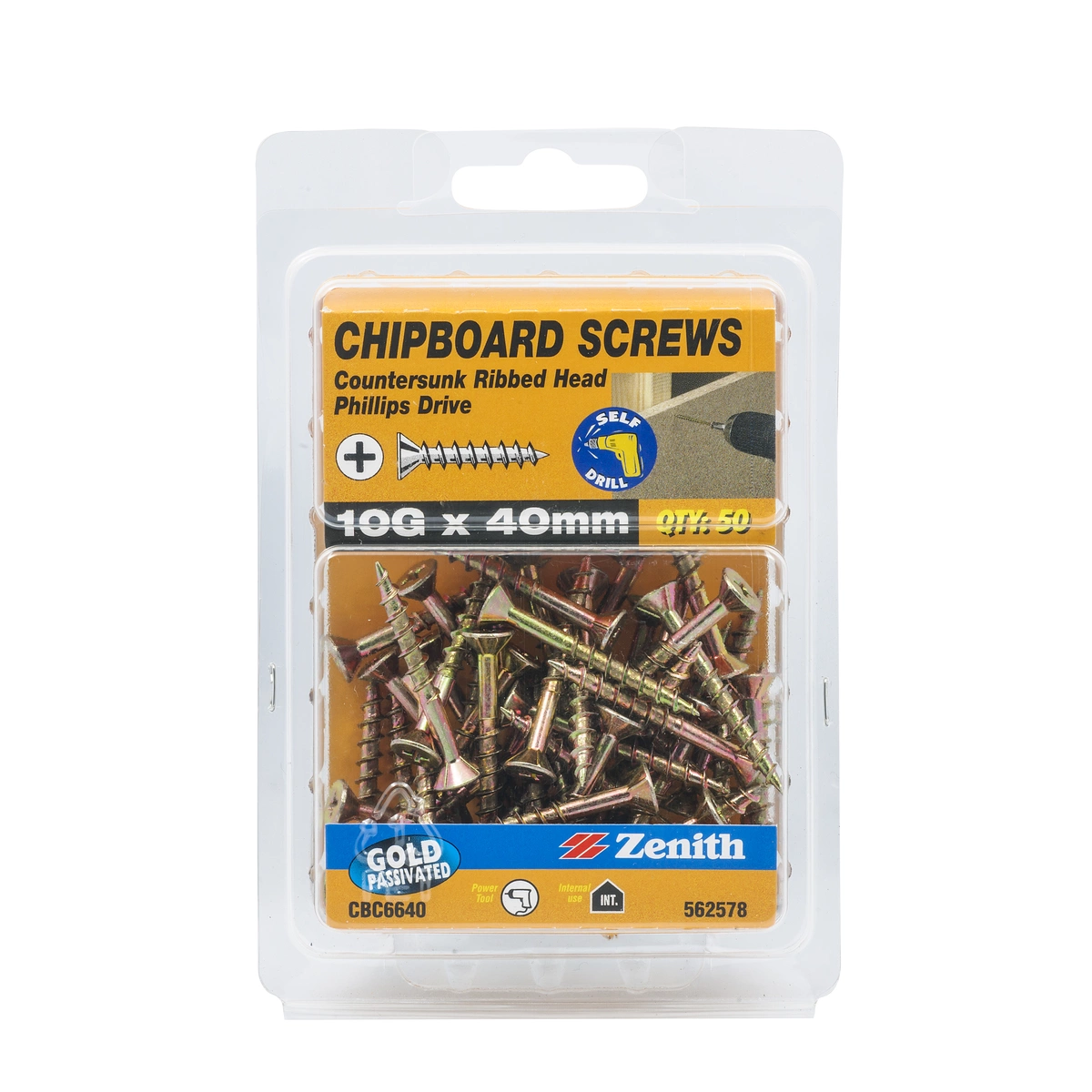 ZENITH® 10G x 40mm Gold Passivated, Phillips Drive, Chipboard Screws – Internal Use – 50 Pack
