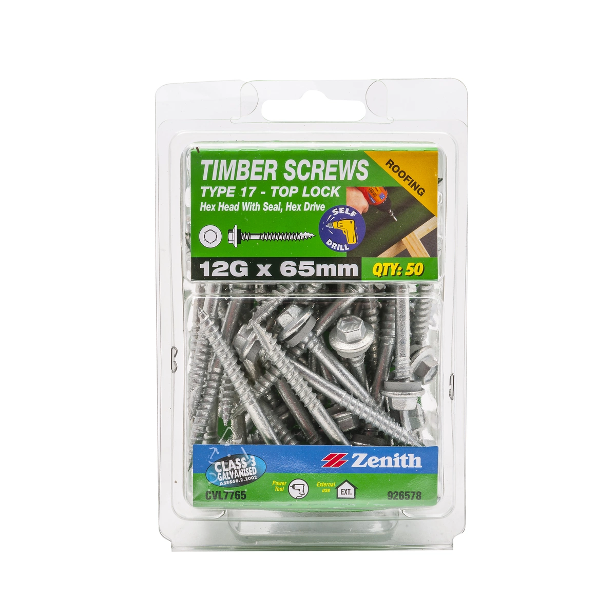 ZENITH® 12G x 65mm Class 3 Galvanised, External Hex Drive, Hex Head, Cladding & Roofing Screws with Seal – External Use – 50 Pack