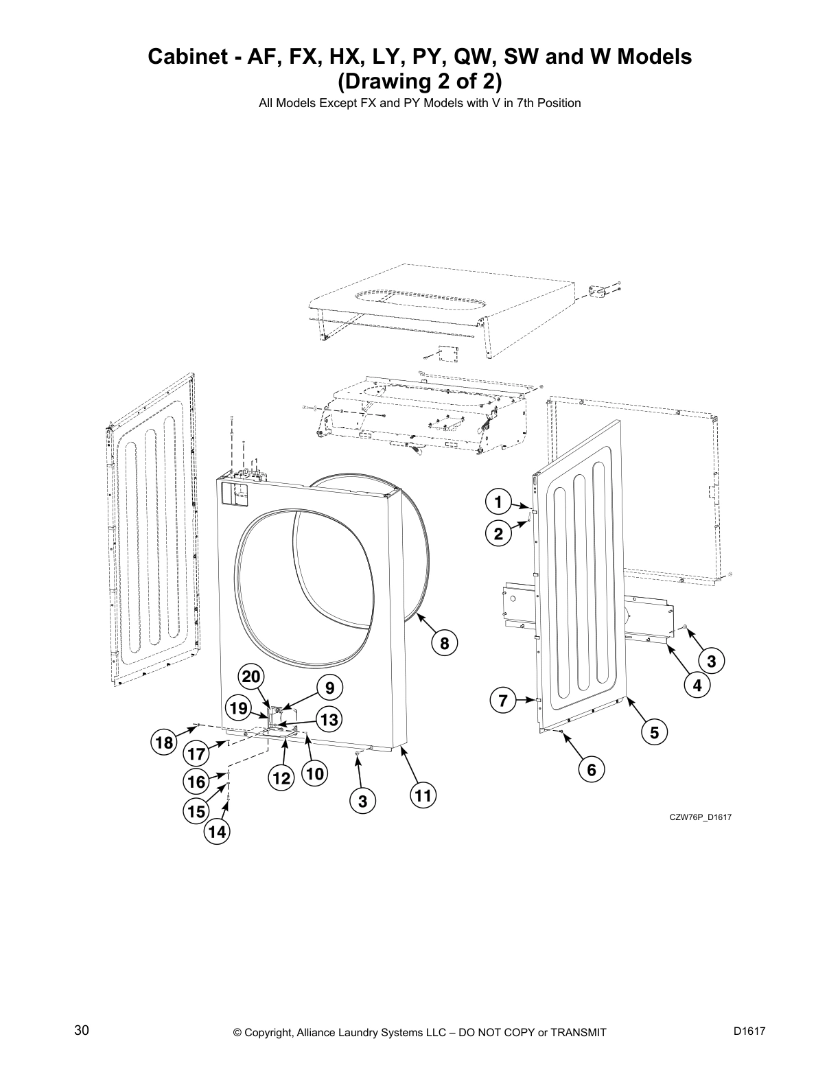 Cabinet - AF, FX, HX, LY, PY, QW, SW and W Models
(Drawing 2 of 2)