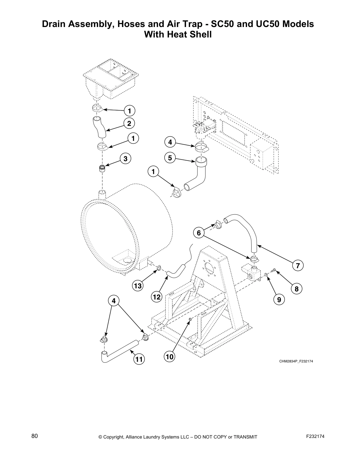 Drain Assembly, Hoses and Air Trap - SC50 and UC50 Models
With Heat Shell