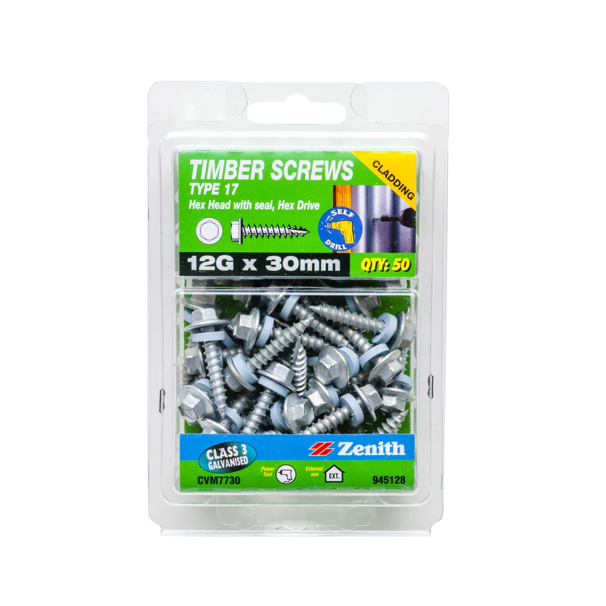 ZENITH® 12G x 30mm Class 3 Galvanised, External Hex Drive, Cladding & Roofing Screws with Seal – External Use – 50 Pack