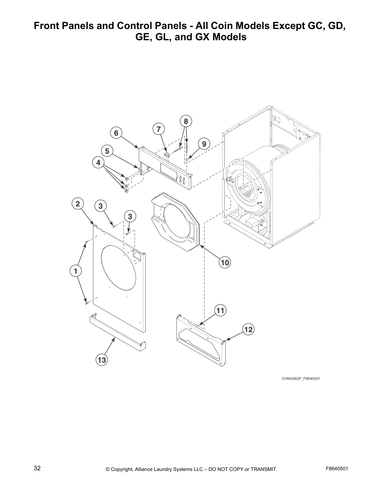Front Panels and Control Panels - All Coin Models Except GC, GD,
GE, GL, and GX Models