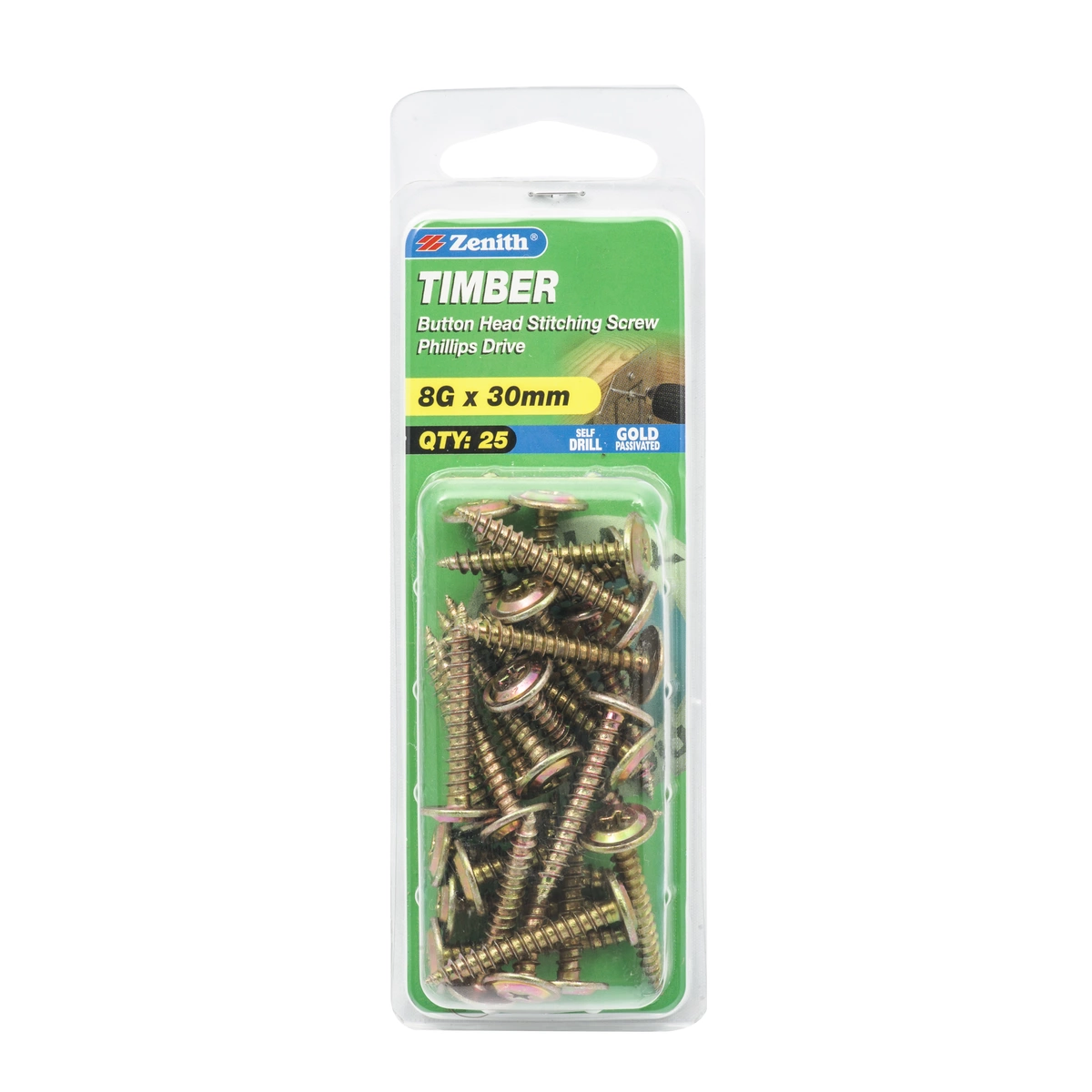 ZENITH® 8G x 30mm Gold Passivated, Phillips Drive, Stitching Screws – Internal Use – 25 Pack