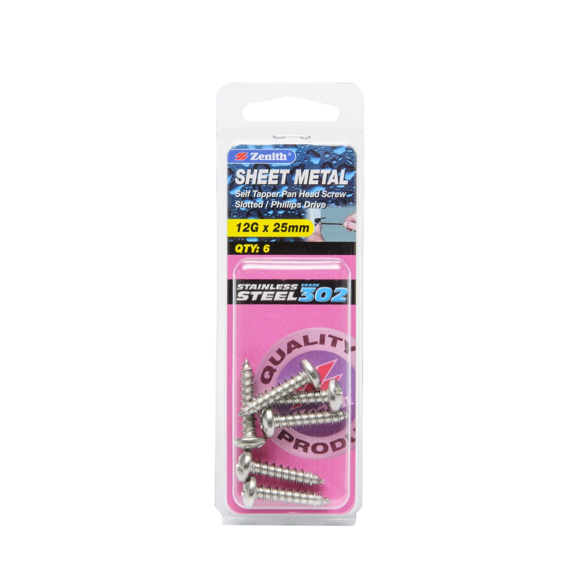 ZENITH® 12G x 25mm 304 Stainless Steel, Self Tapping, Combination Drive, Sheet Metal Screws – External Use – 6 Pack