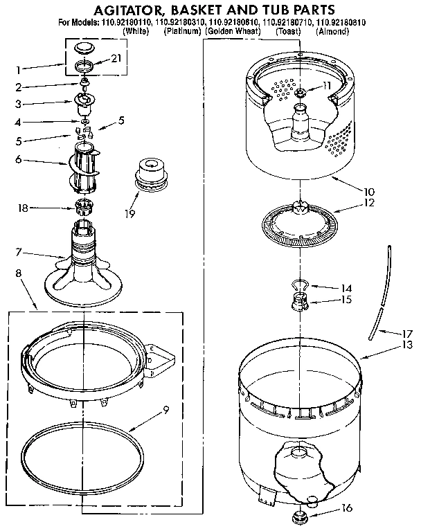 AGITATOR, BASKET AND TUB