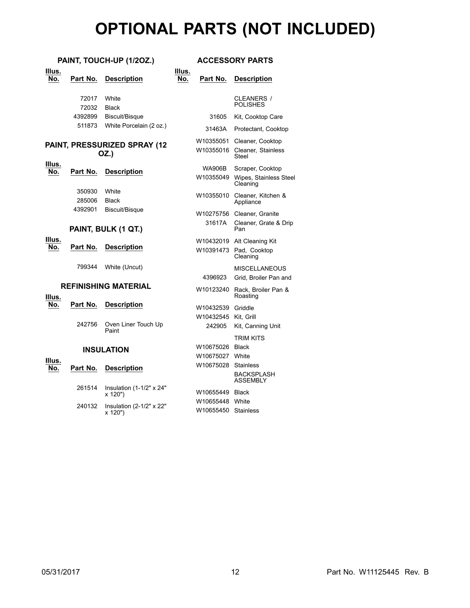 OPTIONAL PARTS (NOT INCLUDED)