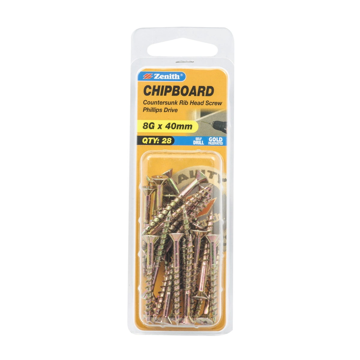 ZENITH® 8G x 40mm Gold Passivated, Phillips Drive, Chipboard Screws – Internal Use – 28 Pack