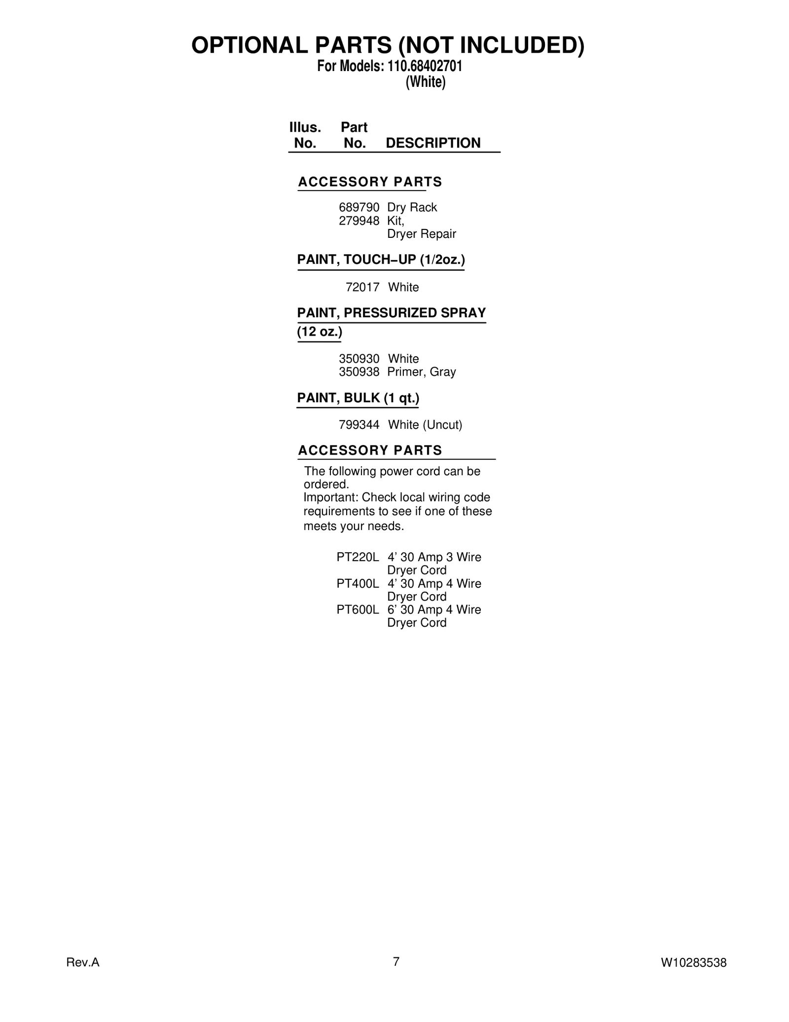 OPTIONAL PARTS (NOT INCLUDED)