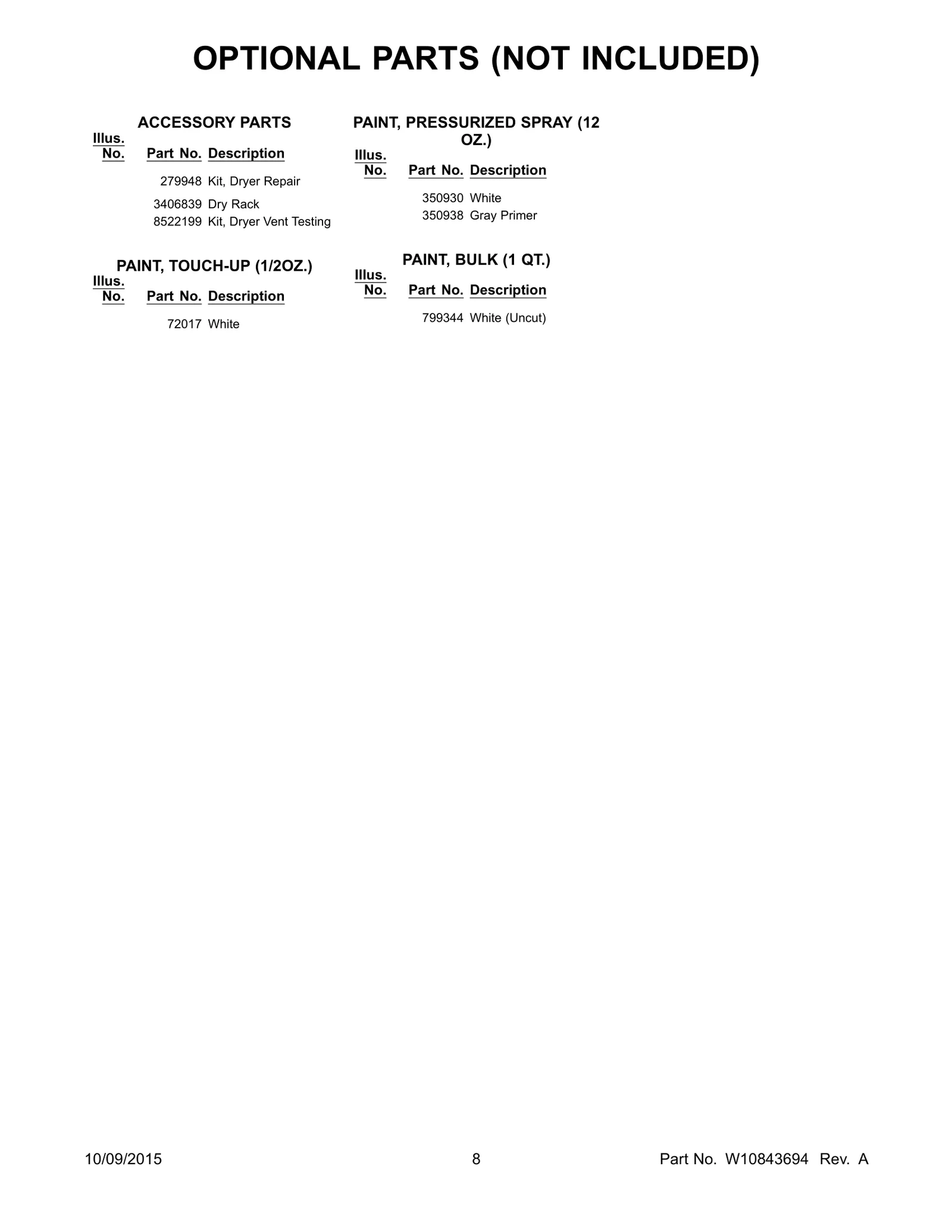 OPTIONAL PARTS (NOT INCLUDED)