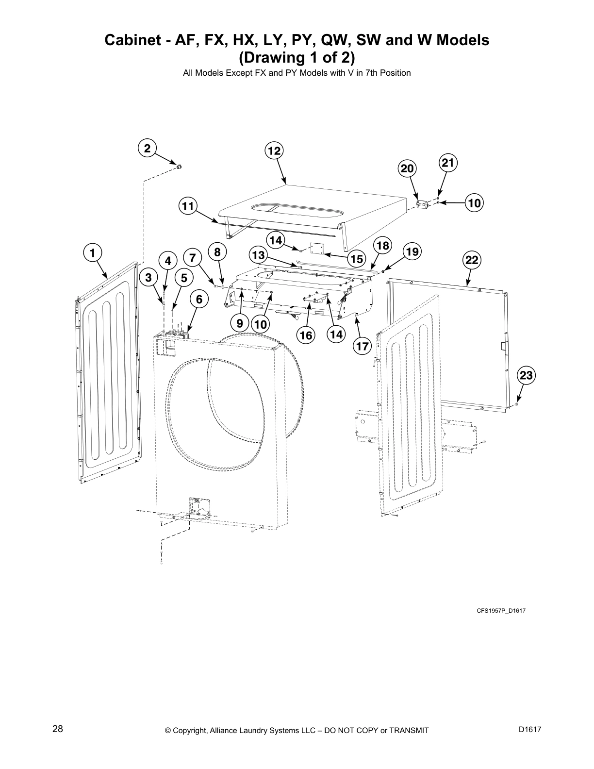 Cabinet - AF, FX, HX, LY, PY, QW, SW and W Models
(Drawing 1 of 2)