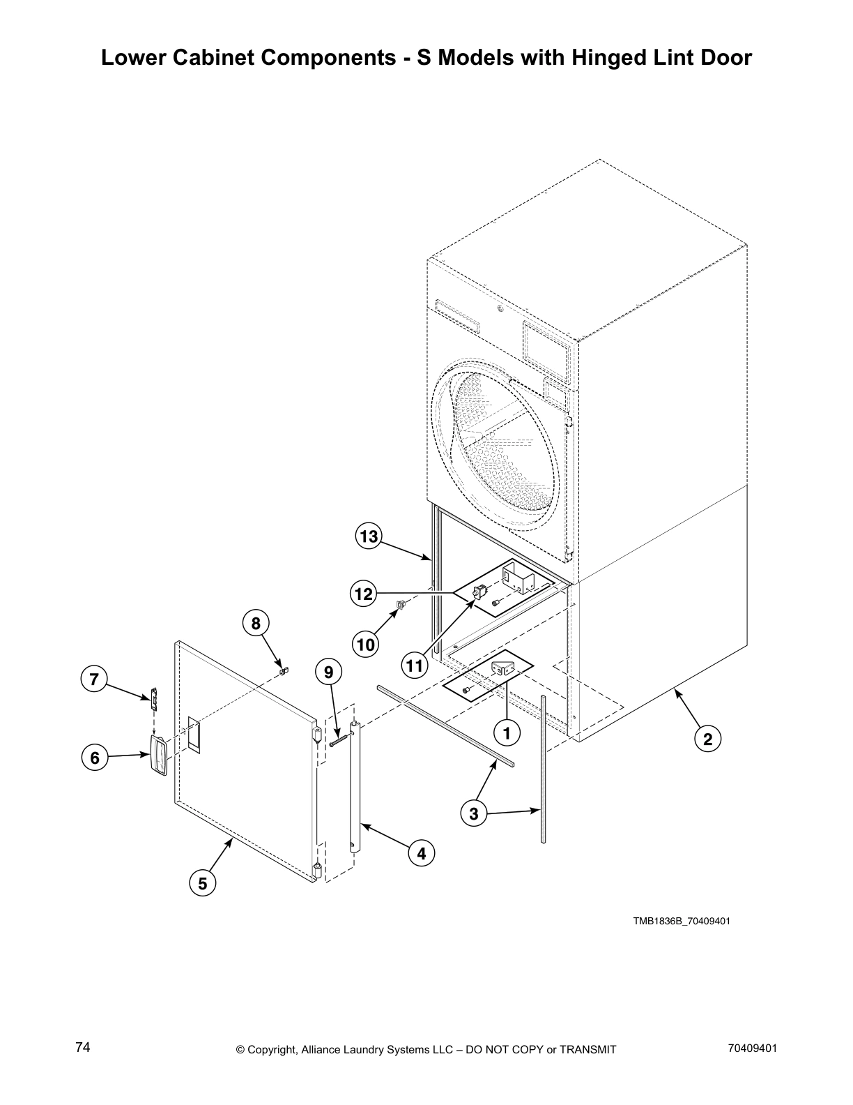 Lower Cabinet Components - S Models with Hinged Lint Door