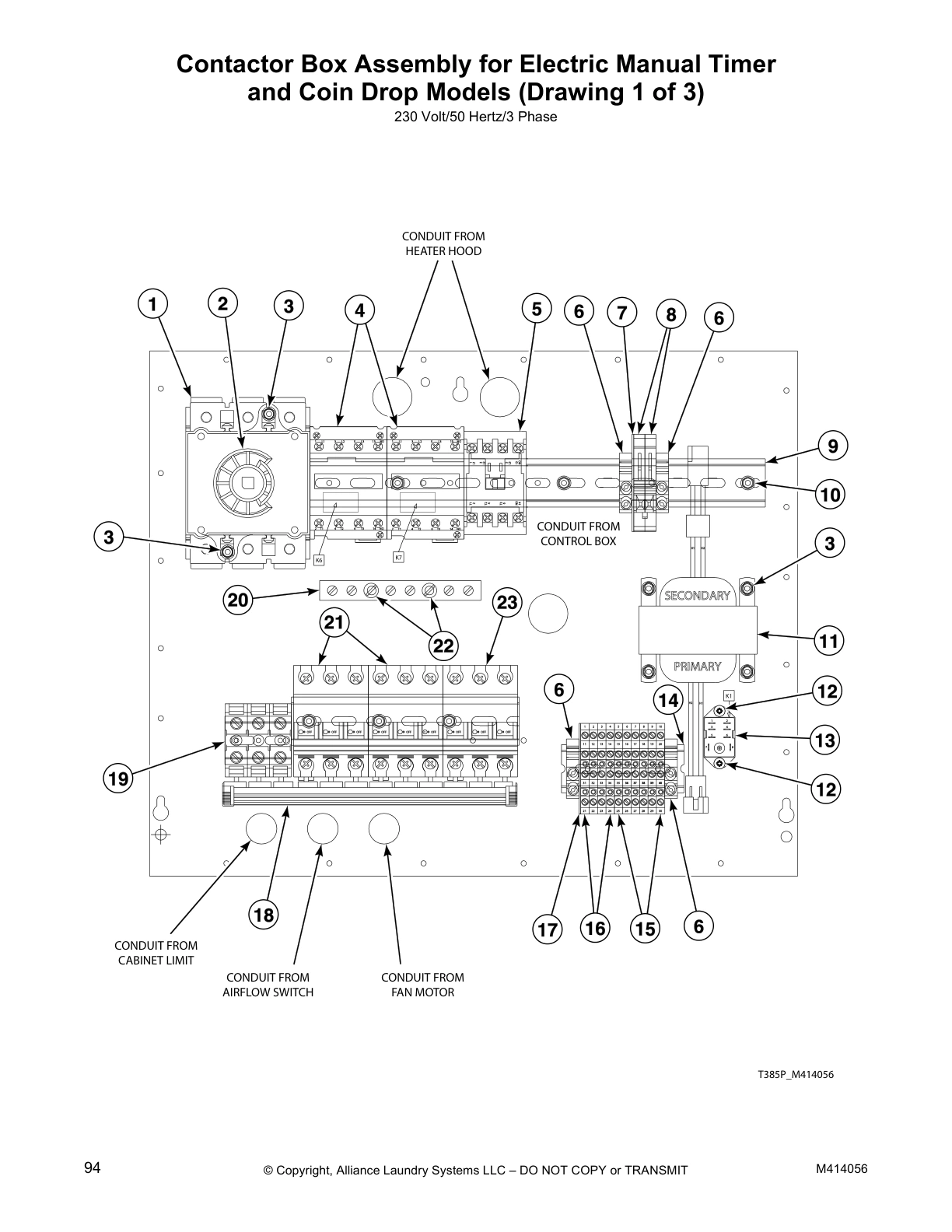 Contactor Box Assembly for Electric Manual Timer 
and Coin Drop Models (Drawing 1 of 3)