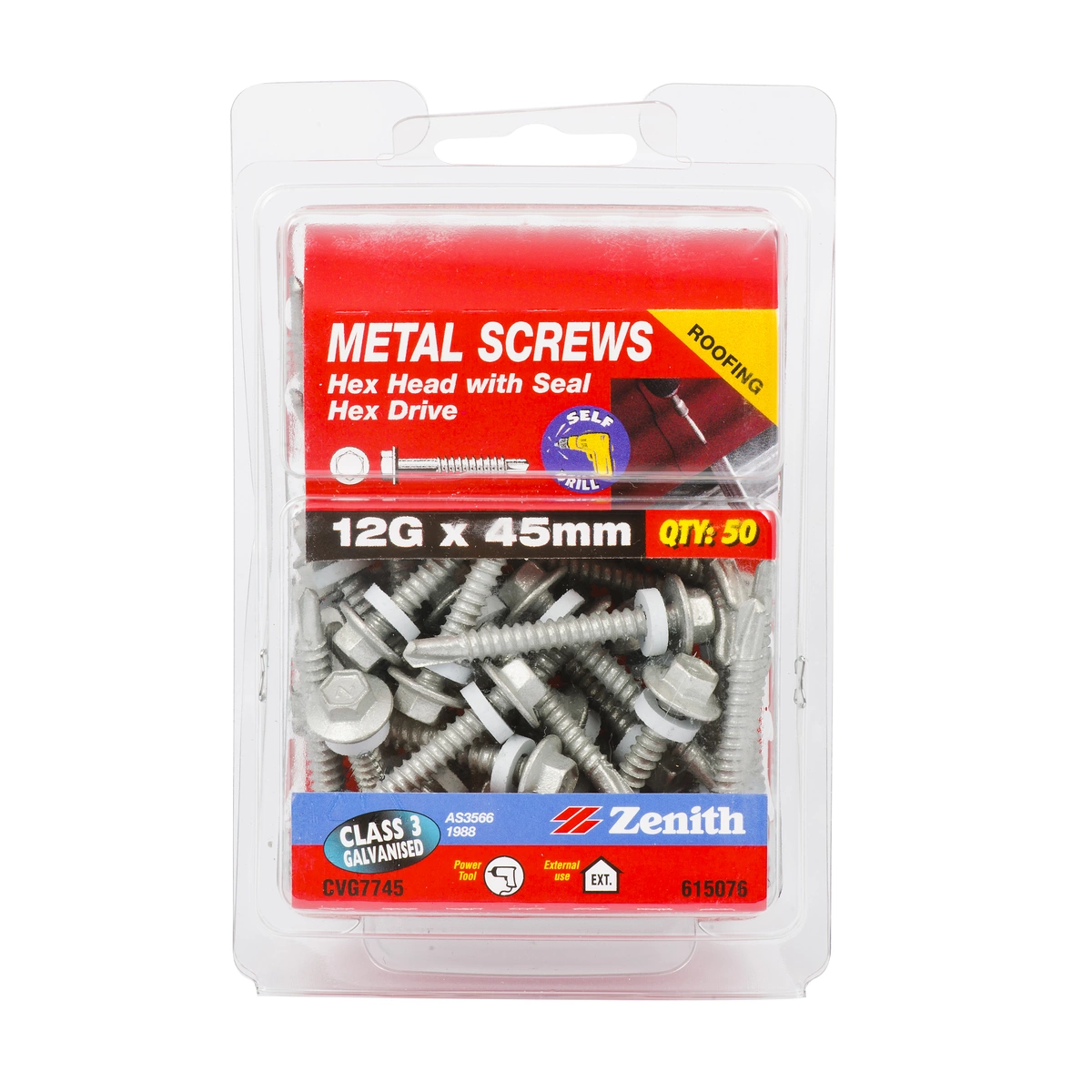 ZENITH® 12G x 45mm Class 3 Galvanised, Self Drilling, External Hex Drive, Cladding & Roofing Screws with Seal – External Use – 50 Pack