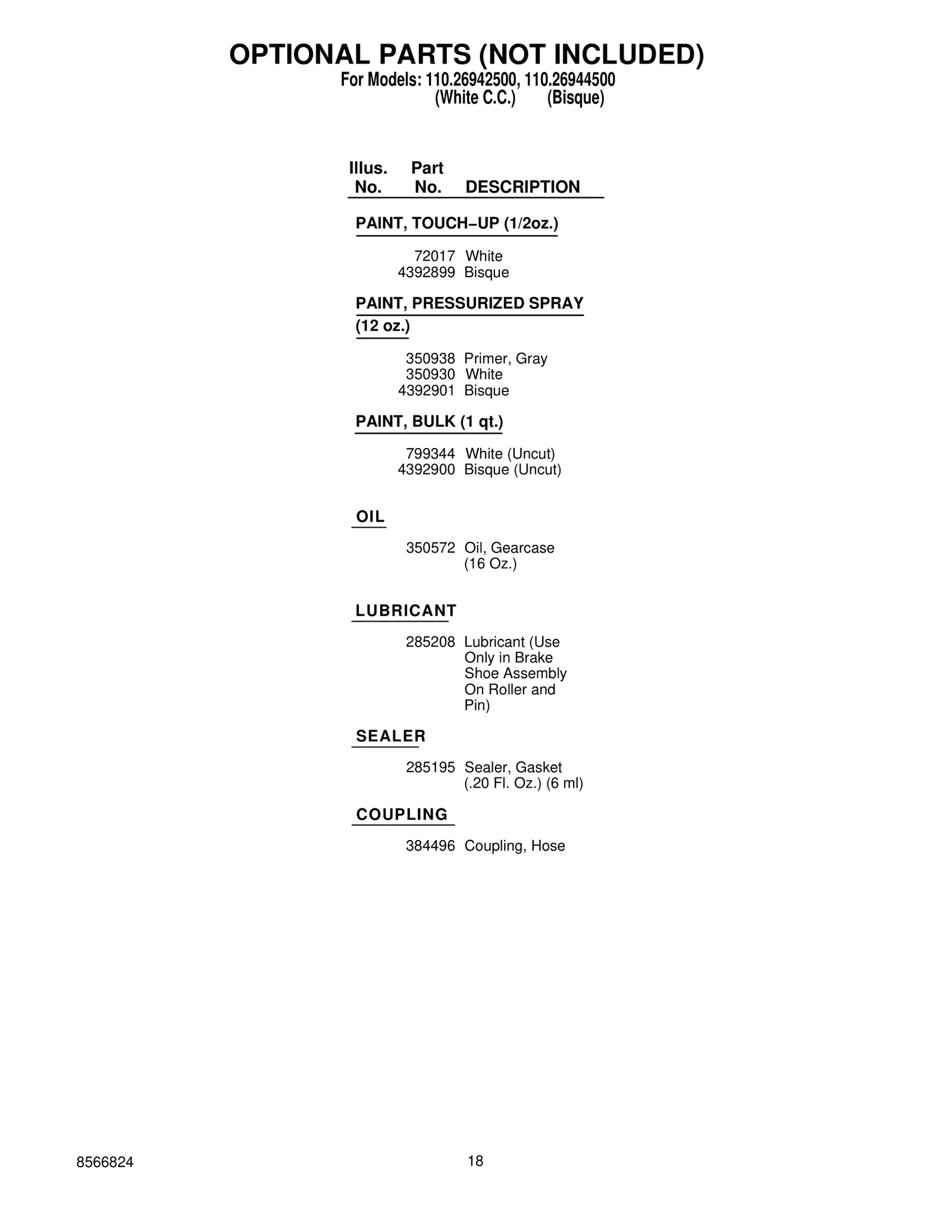 OPTIONAL PARTS (NOT INCLUDED)