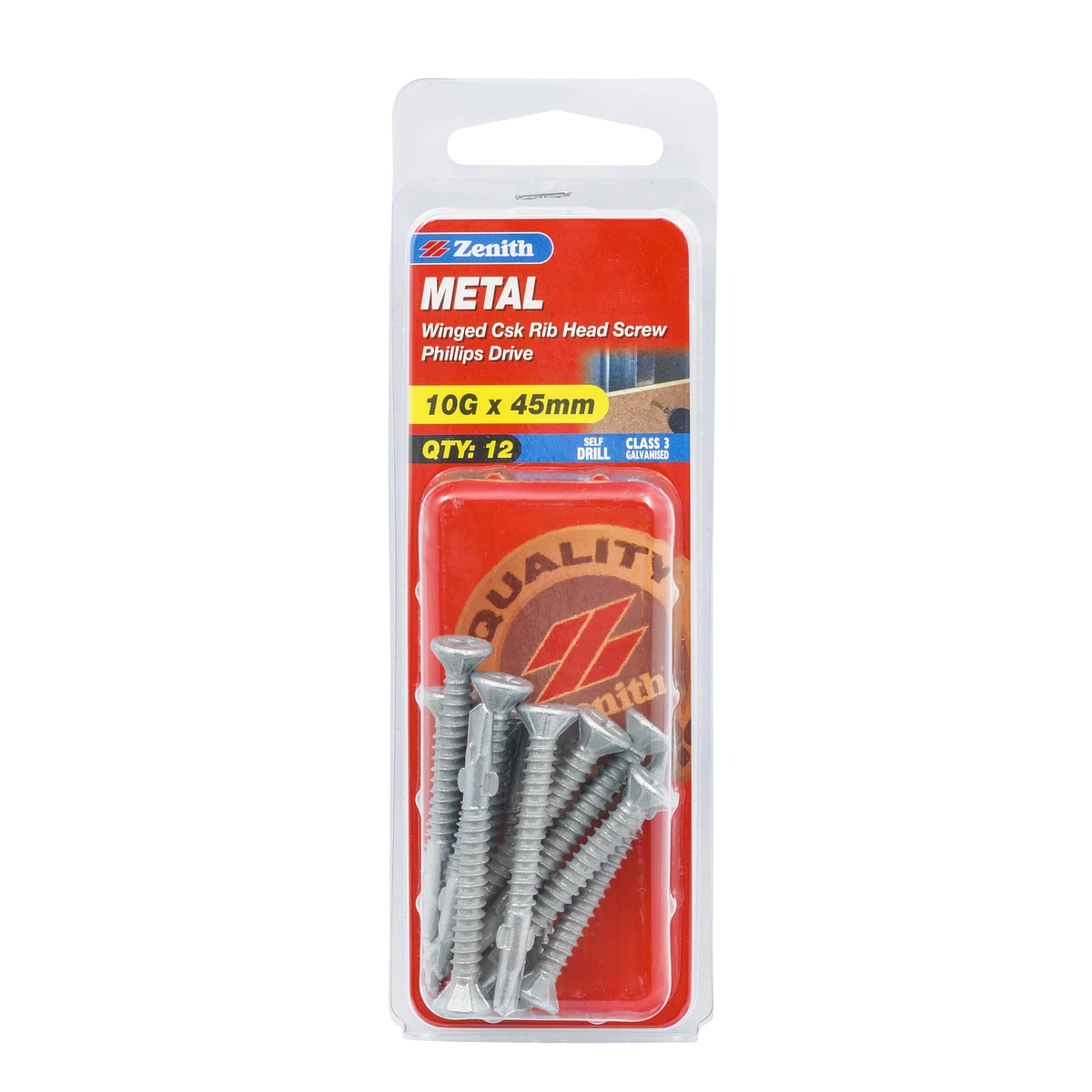 ZENITH® 10G x 45mm Class 3 Galvanised, Self Drilling, Phillips Drive, Metal Screws – External Use – 12 Pack