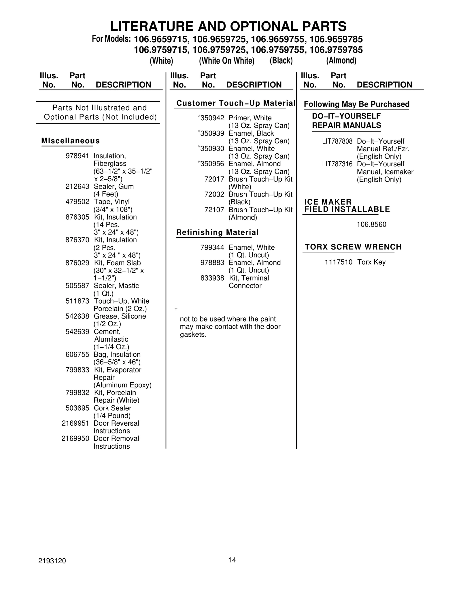 LITERATURE AND OPTIONAL PARTS