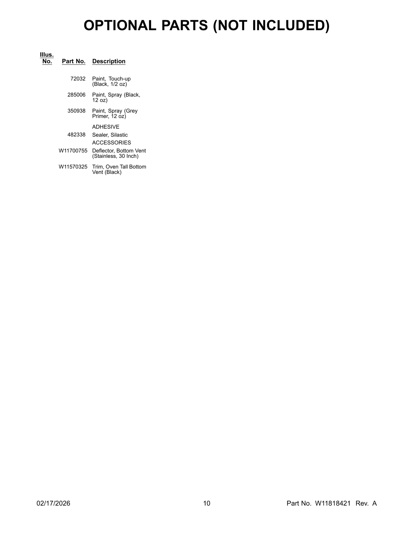 OPTIONAL PARTS (NOT INCLUDED)