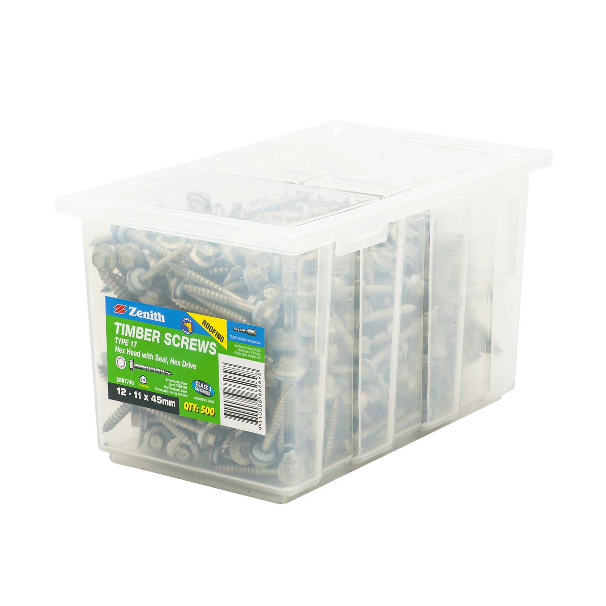 ZENITH® 12G x 45mm Class 3 Galvanised, External Hex Drive, Hex Head, Cladding & Roofing Screws with Seal – External Use – 500 Pack