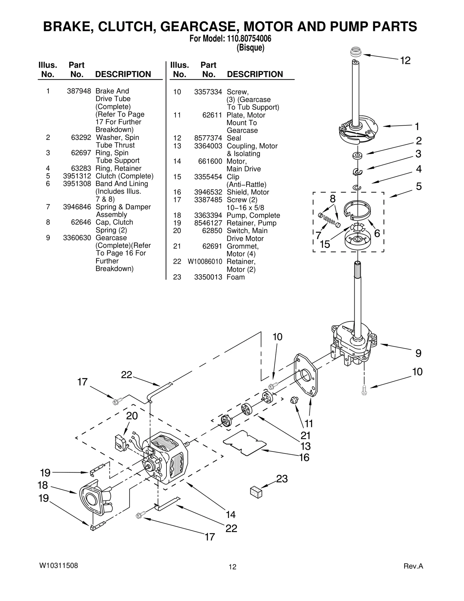 BRAKE, CLUTCH, GEARCASE, MOTOR AND PUMP PARTS