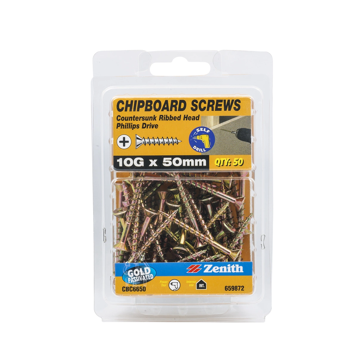 ZENITH® 10G x 50mm Gold Passivated, Phillips Drive, Chipboard Screws – Internal Use – 50 Pack
