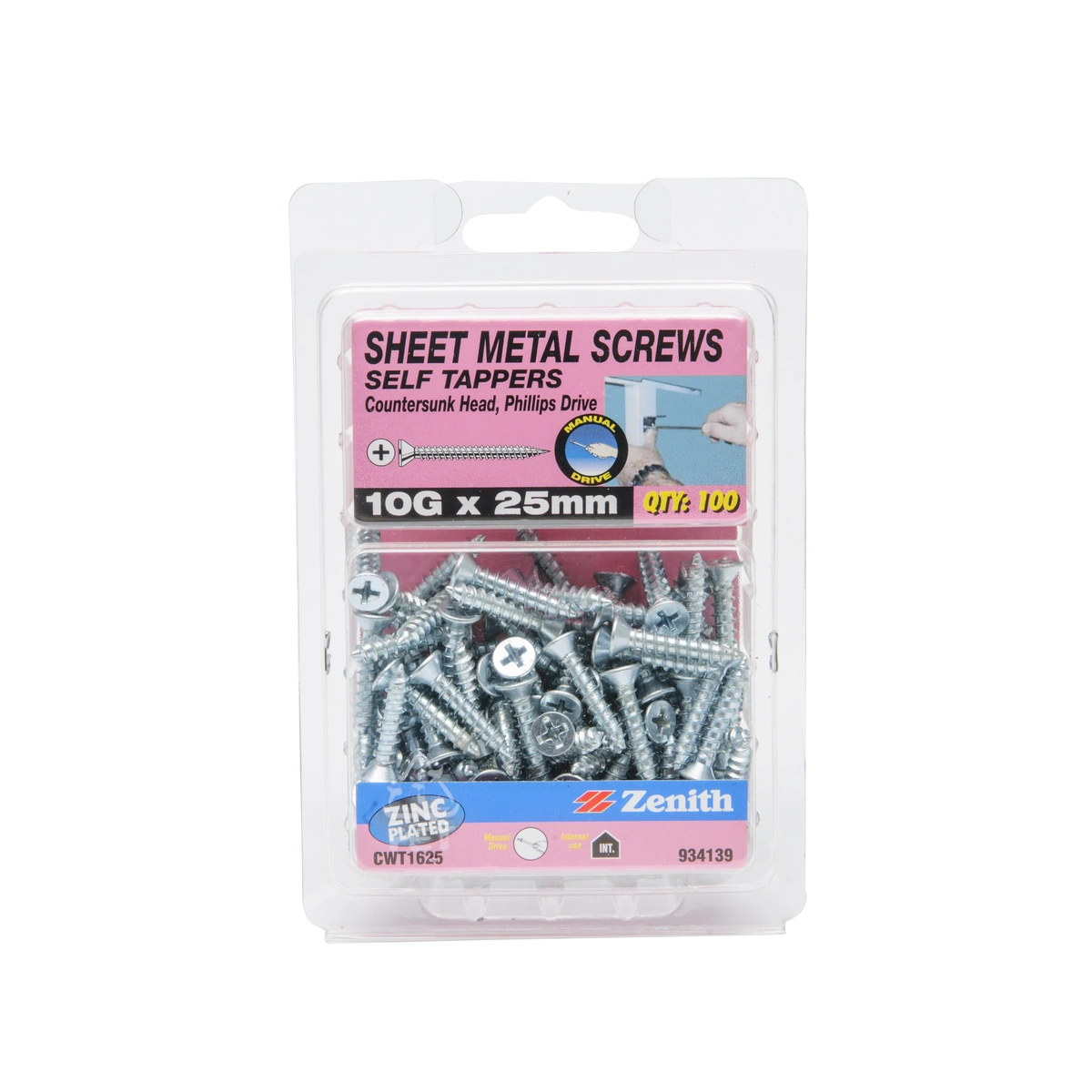 ZENITH® 10G x 25mm Zinc Plated, Self Tapping, Phillips Drive, Sheet Metal Screws – Internal Use – 100 Pack
