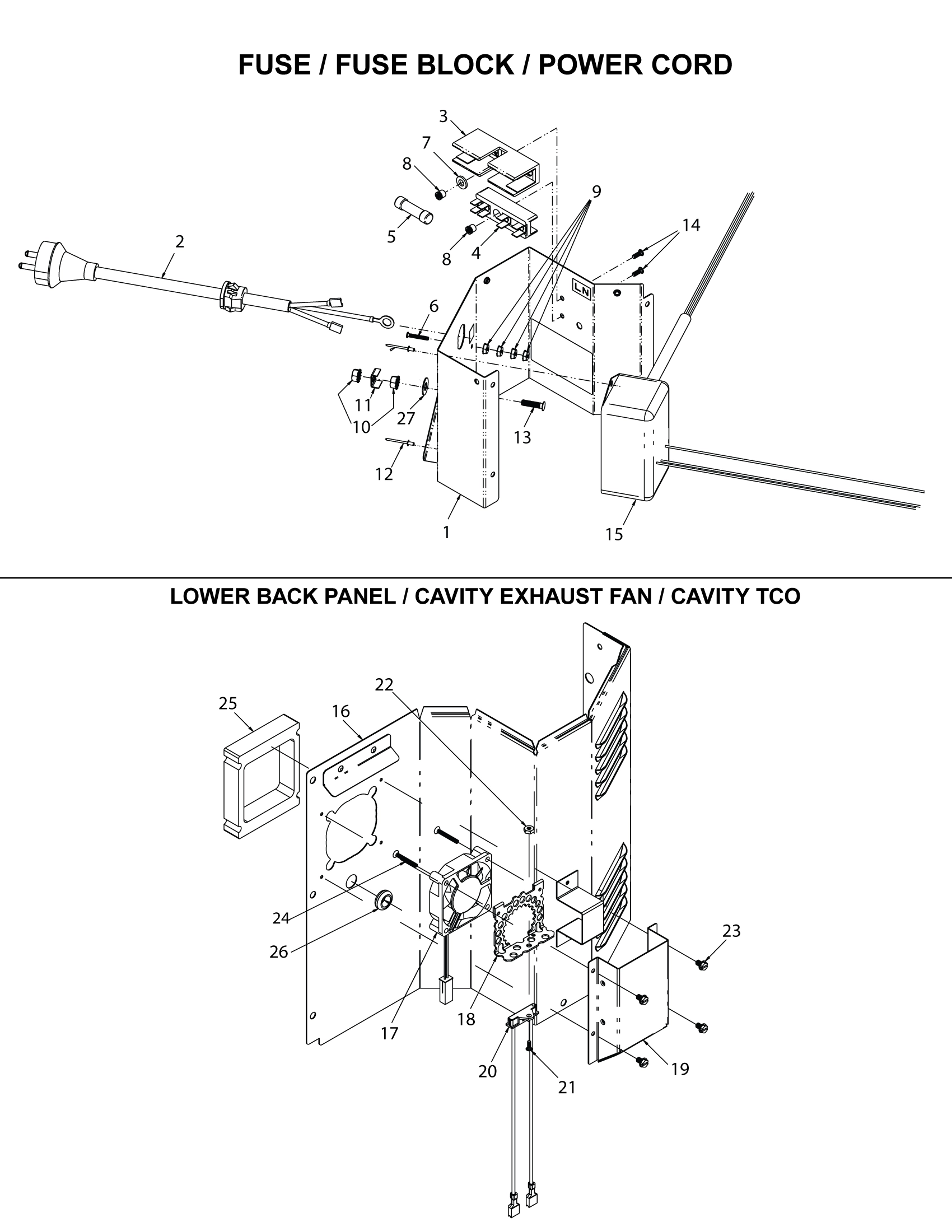 FUSE BLOCK / POWER CORD / LOWER BACK PANEL / EXHAUST / CAVITY TCO