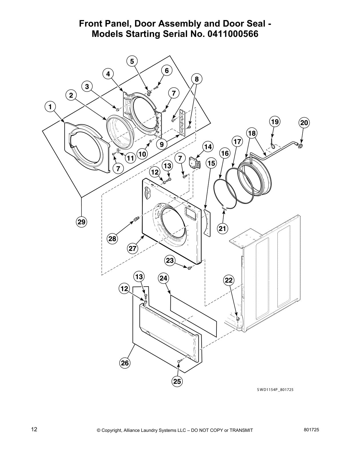 Front Panel, Door Assembly and Door Seal -
Models Starting Serial No. 0411000566