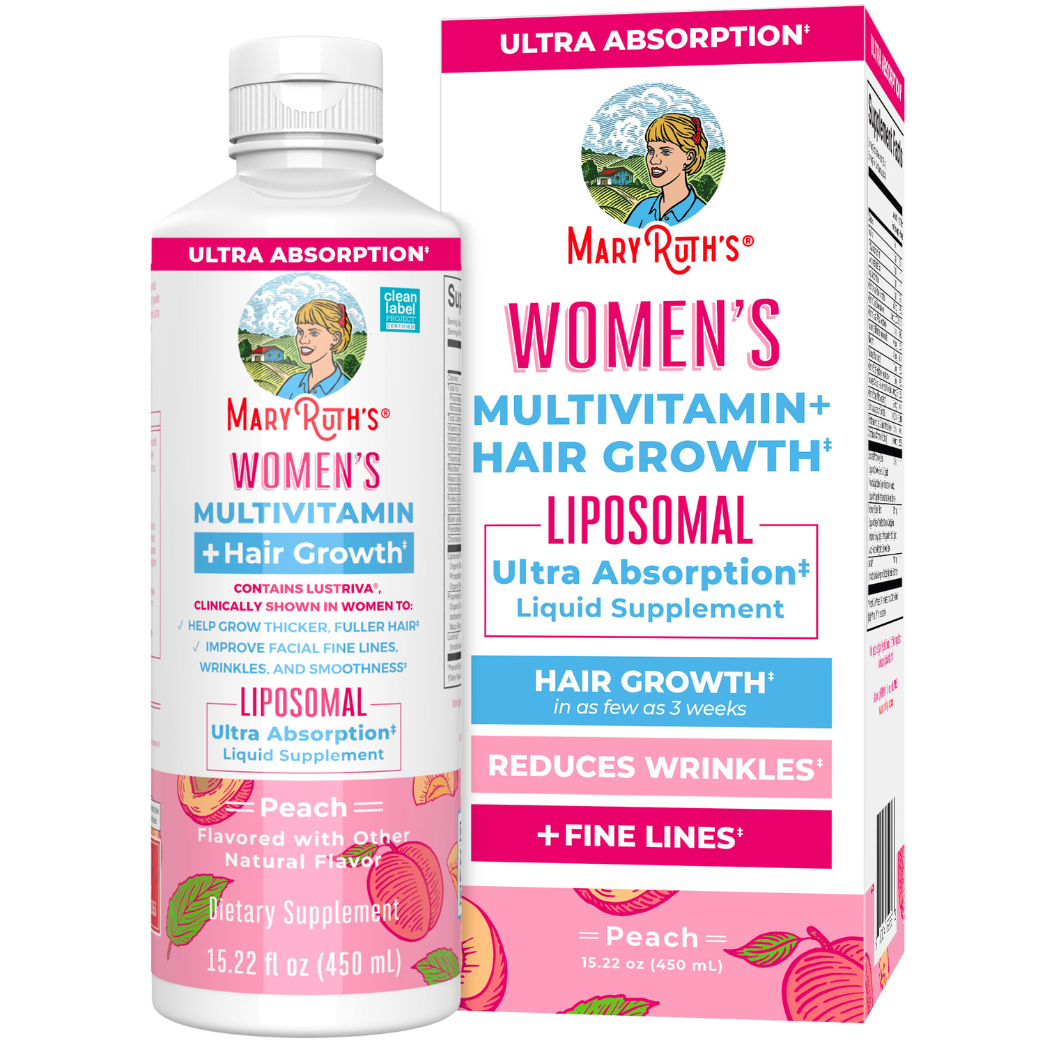 Mary Ruth's Women's Multivitamin + Hair Growth Liposomal - Peach | 15.22 fl oz Liquid