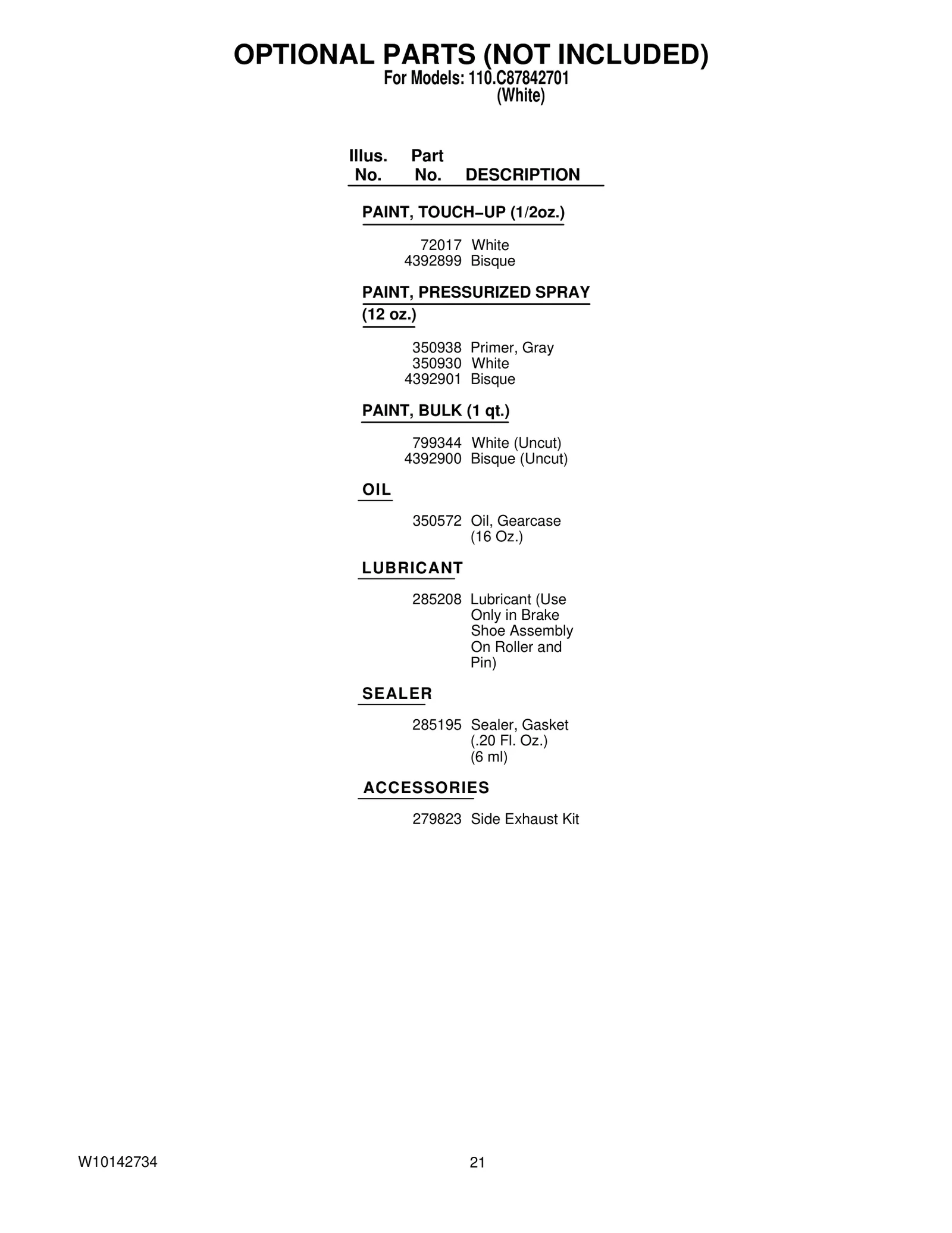 OPTIONAL PARTS (NOT INCLUDED)