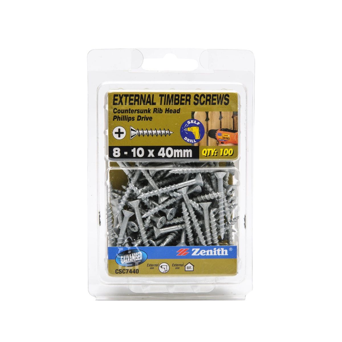 ZENITH® 8G x 40mm Galvanised, Phillips Drive, Timber Screws – External Use – 100 Pack