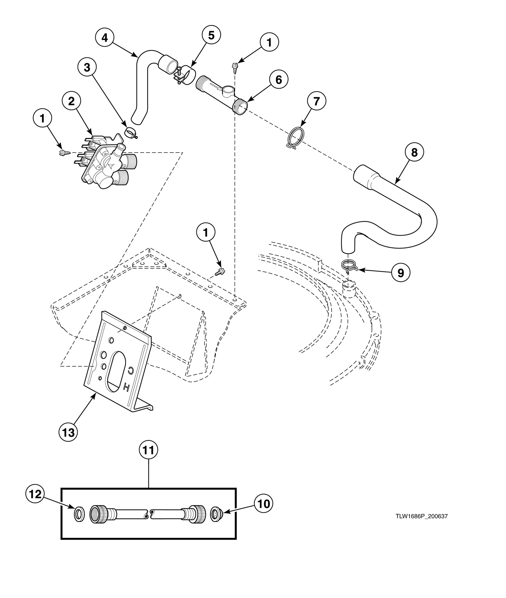 Inlet Hose, Filler Hose, Back Flow Preventer and Mixing Valve Mounting Bracket (Drawing 1 of 2)