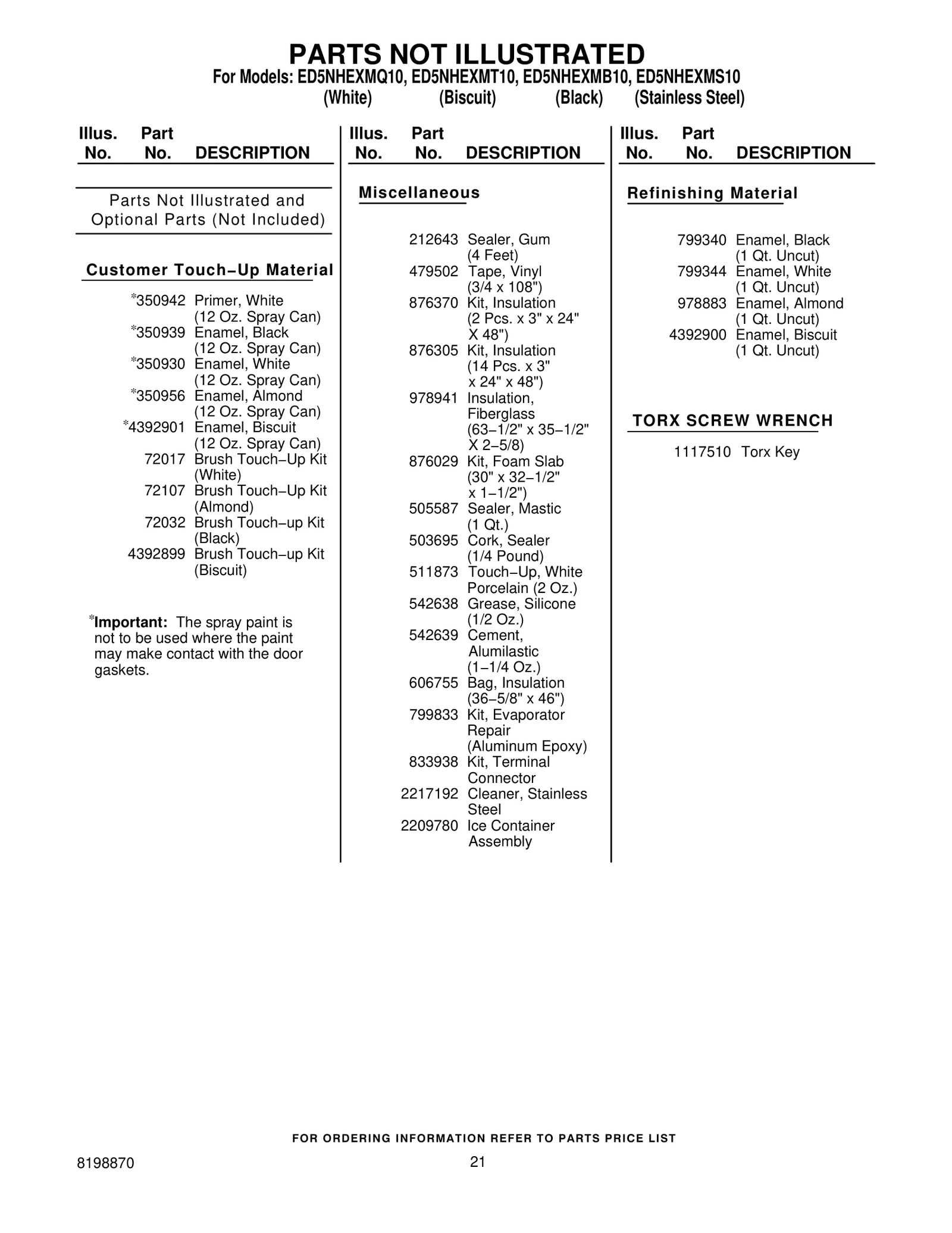 Optional Parts (Not Included)