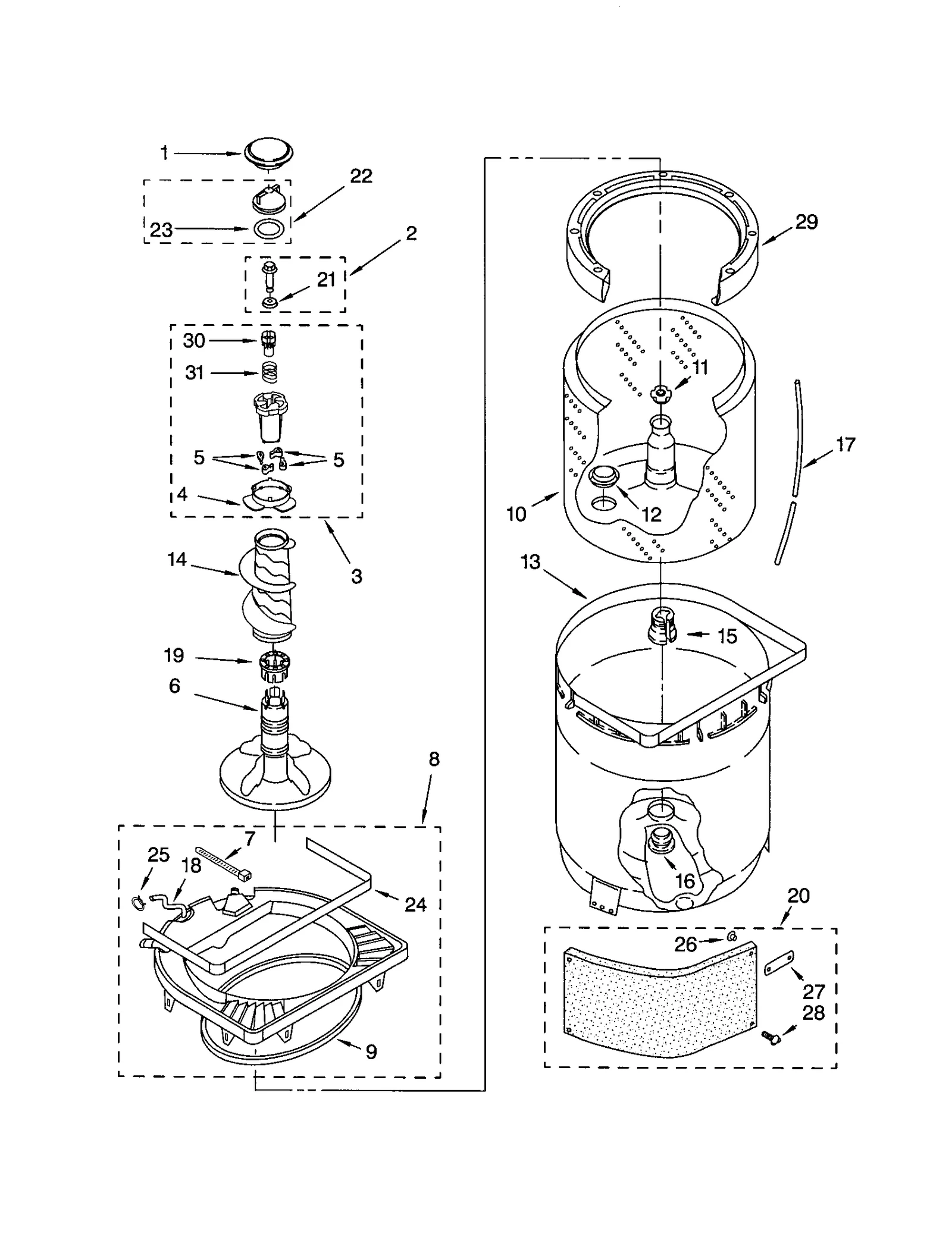 AGITATOR, BASKET AND TUB