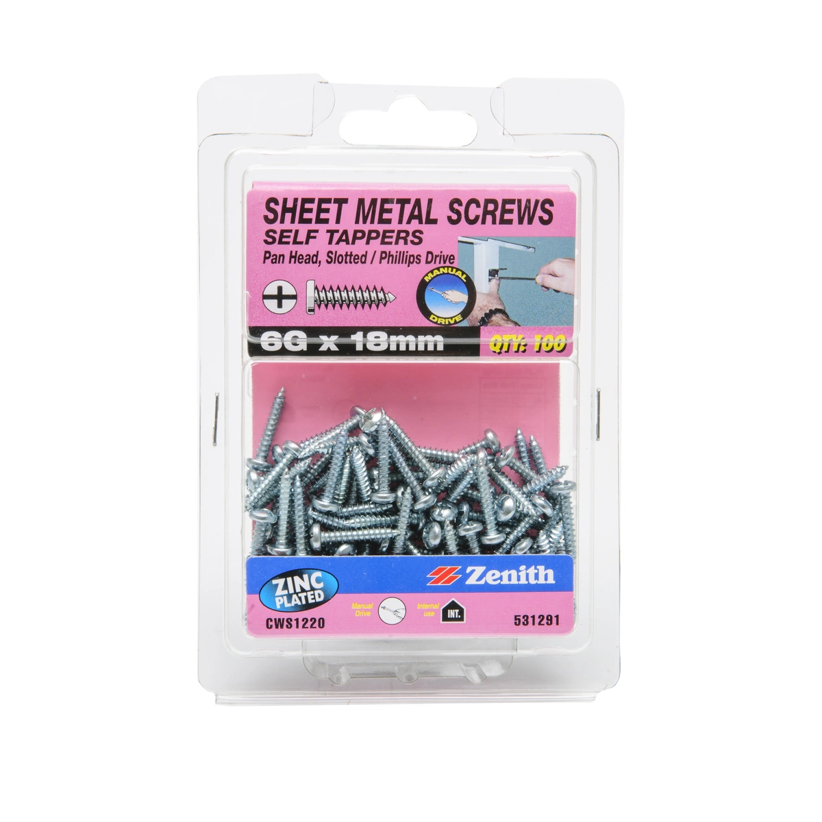 ZENITH® 6G x 18mm Zinc Plated, Self Tapping, Combination Drive, Sheet Metal Screws – Internal Use – 100 Pack