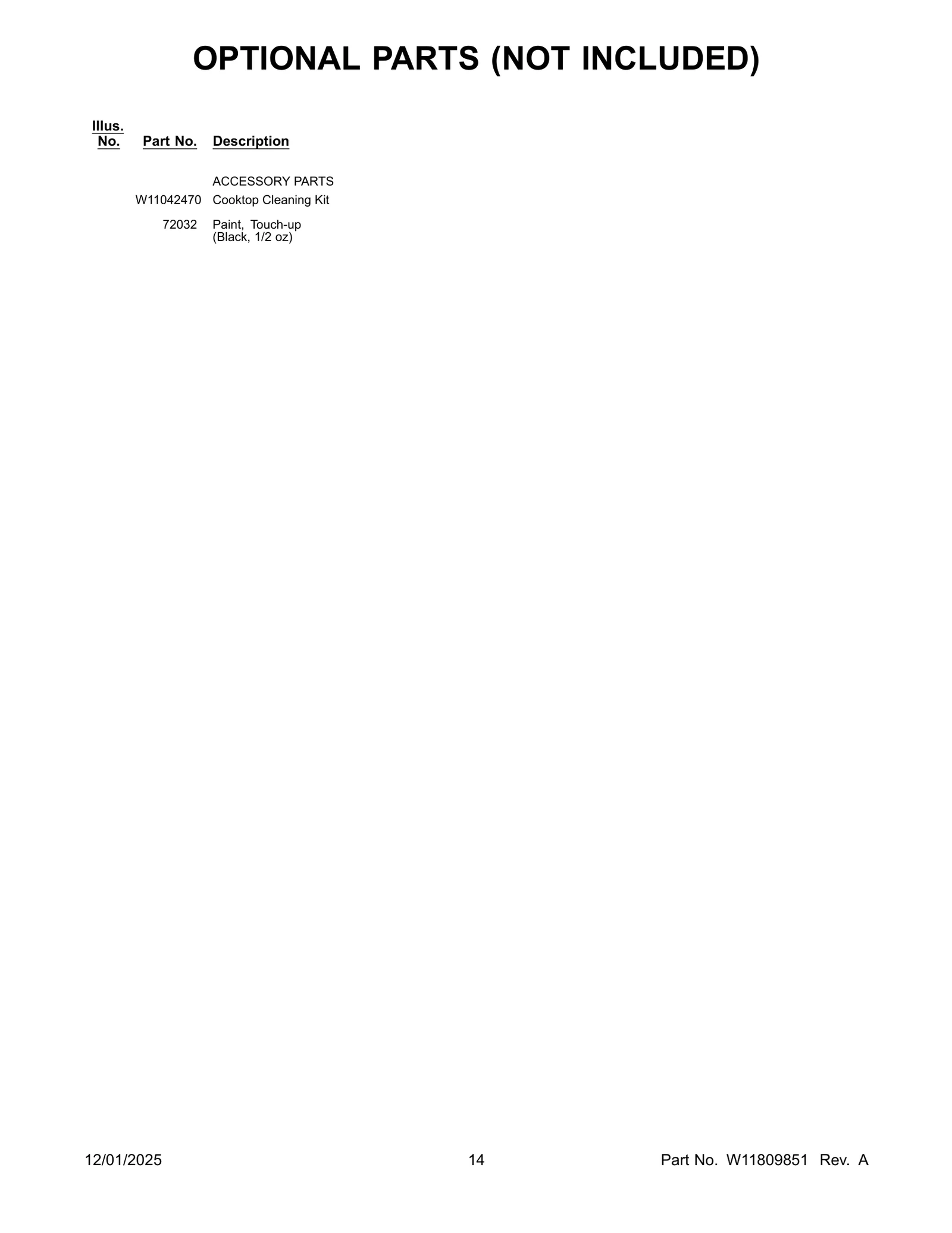 OPTIONAL PARTS (NOT INCLUDED)