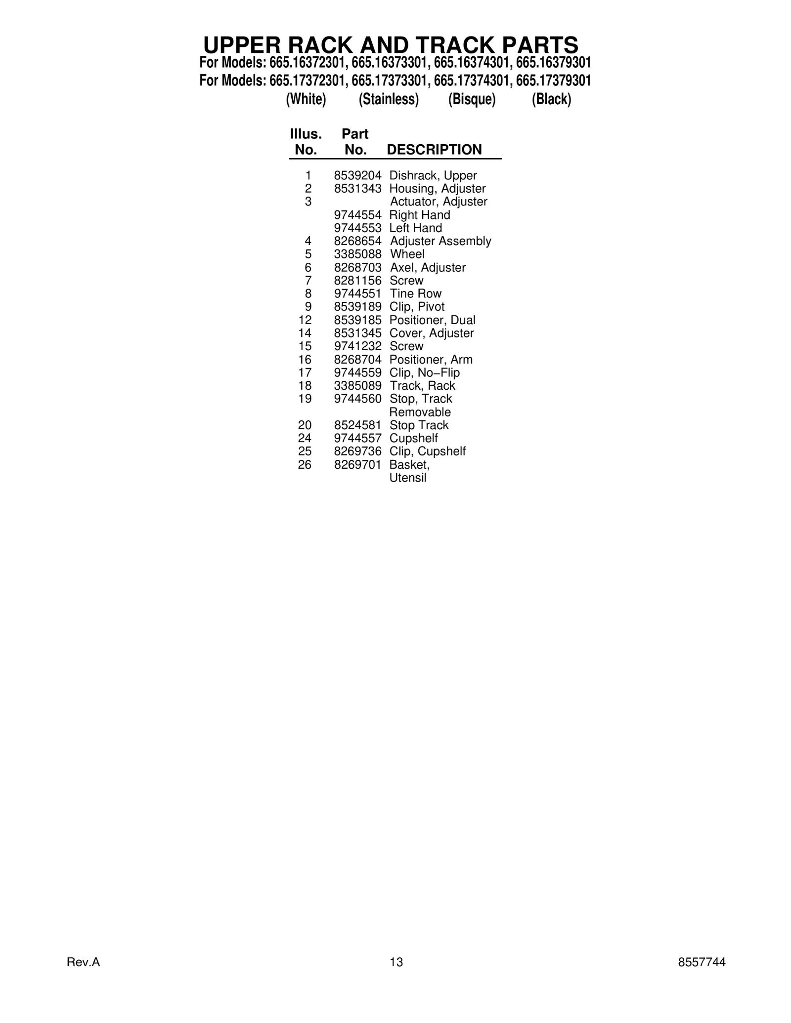 UPPER RACK AND TRACK PARTS