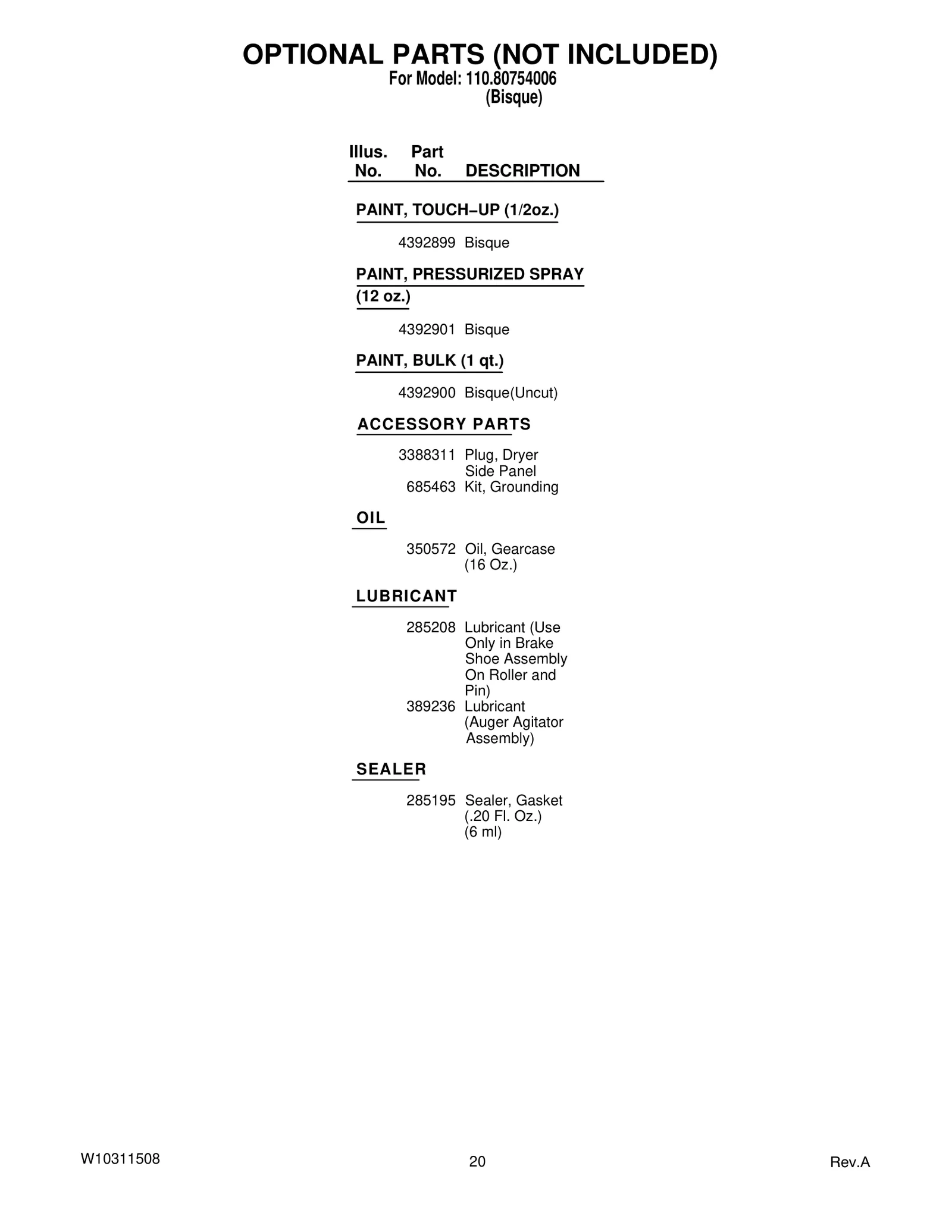 OPTIONAL PARTS (NOT INCLUDED)