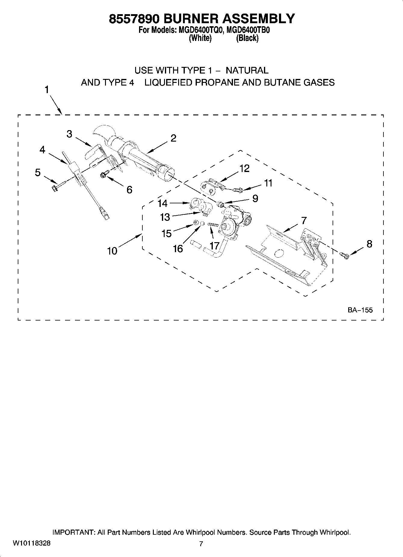 04 - 8557890 BURNER ASSEMBLY, OPTIONAL PARTS (NOT INCLUDED)