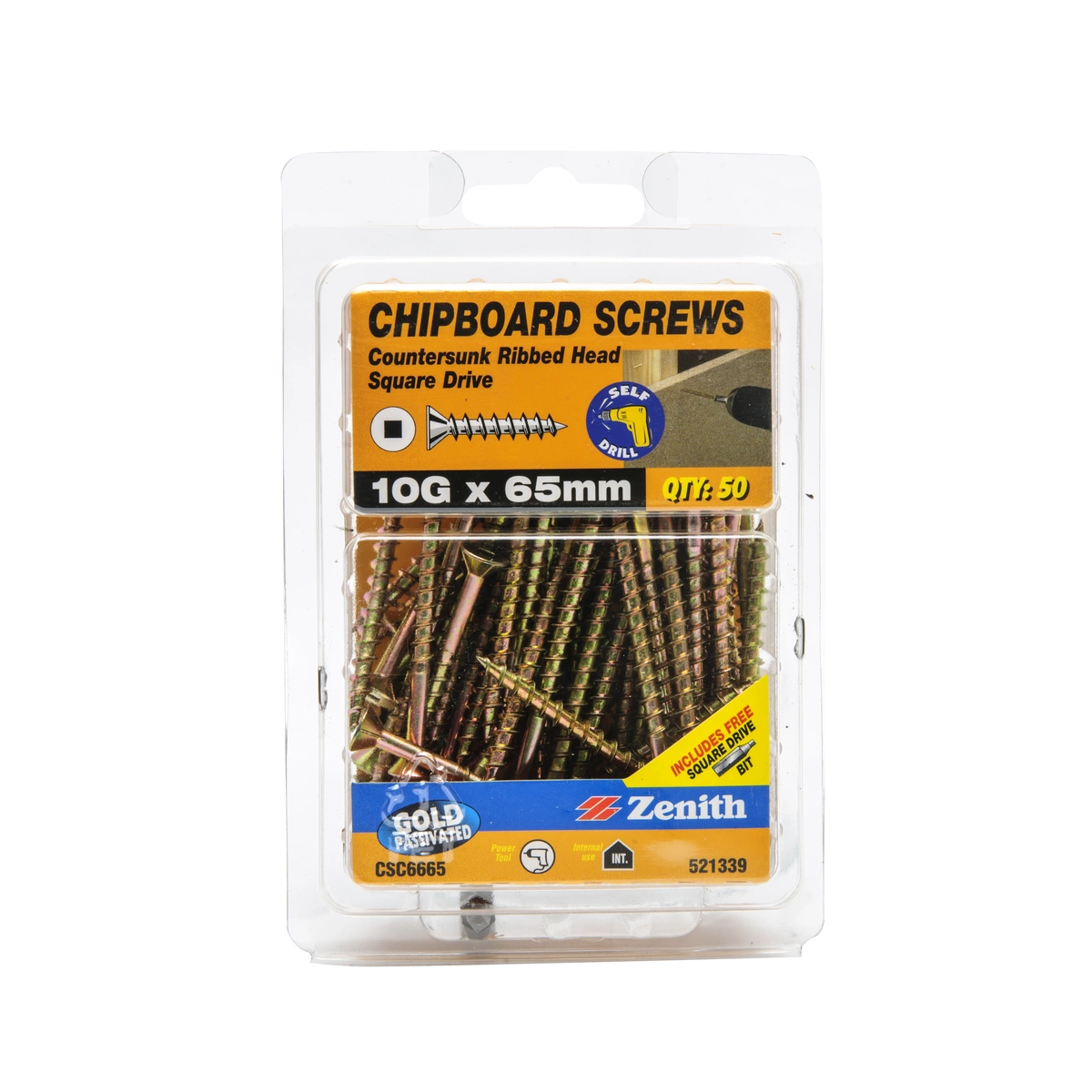 ZENITH® 10G x 65mm Gold Passivated, Square Drive, Chipboard Screws – Internal Use – 50 Pack