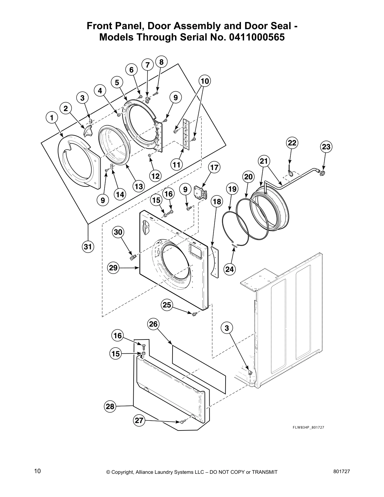 Front Panel, Door Assembly and Door Seal - 
Models Through Serial No. 0411000565