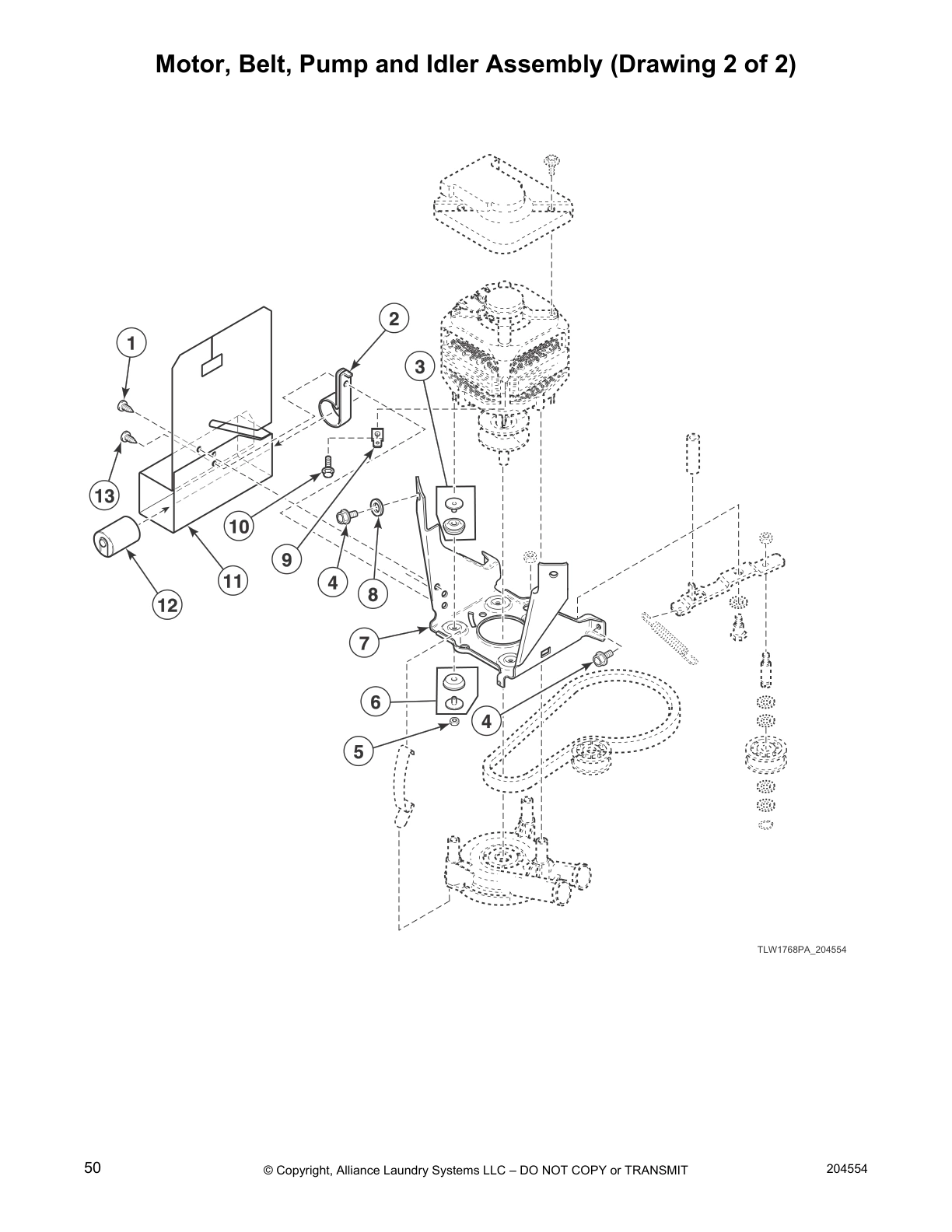 Motor, Belt, Pump and Idler Assembly (Drawing 2 of 2)