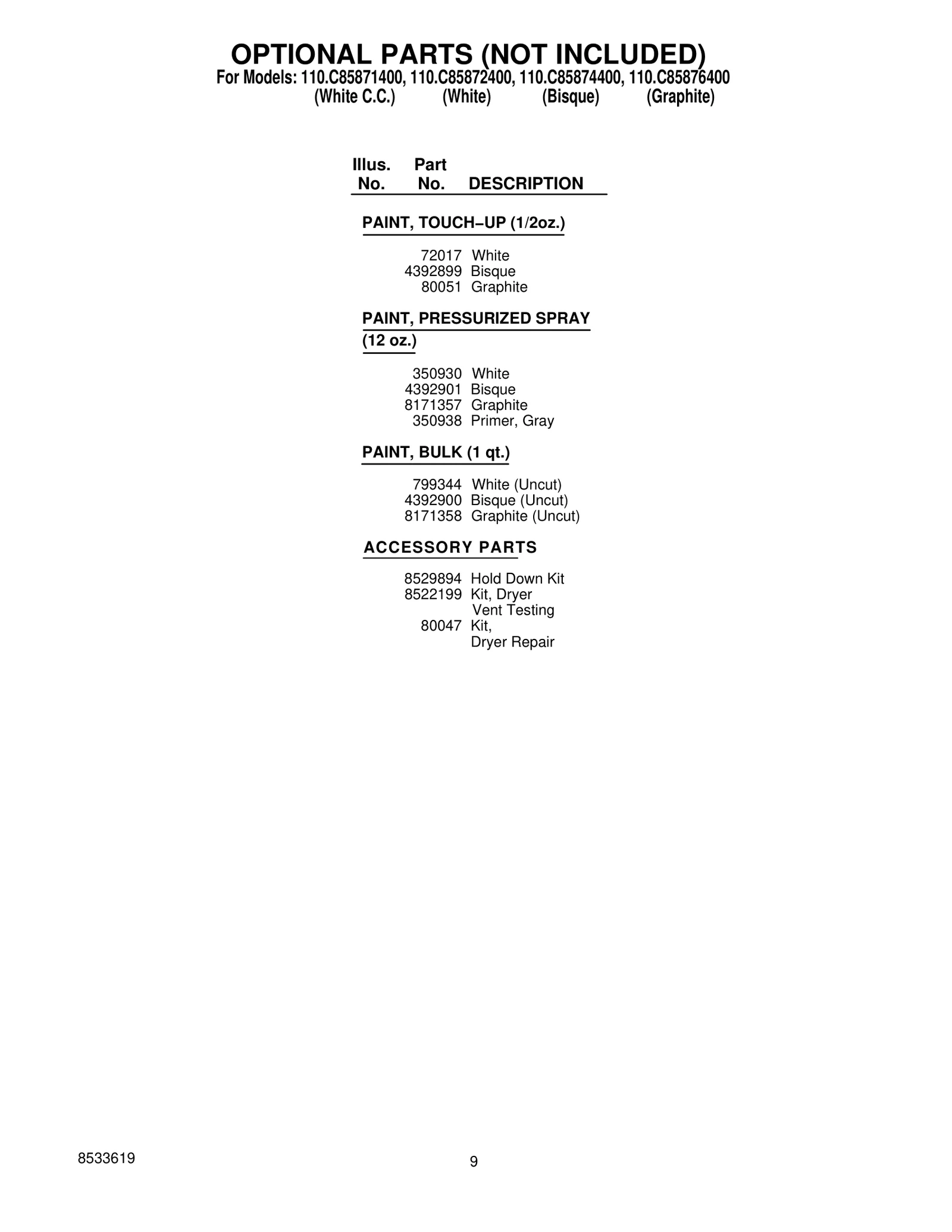 OPTIONAL PARTS (NOT INCLUDED)