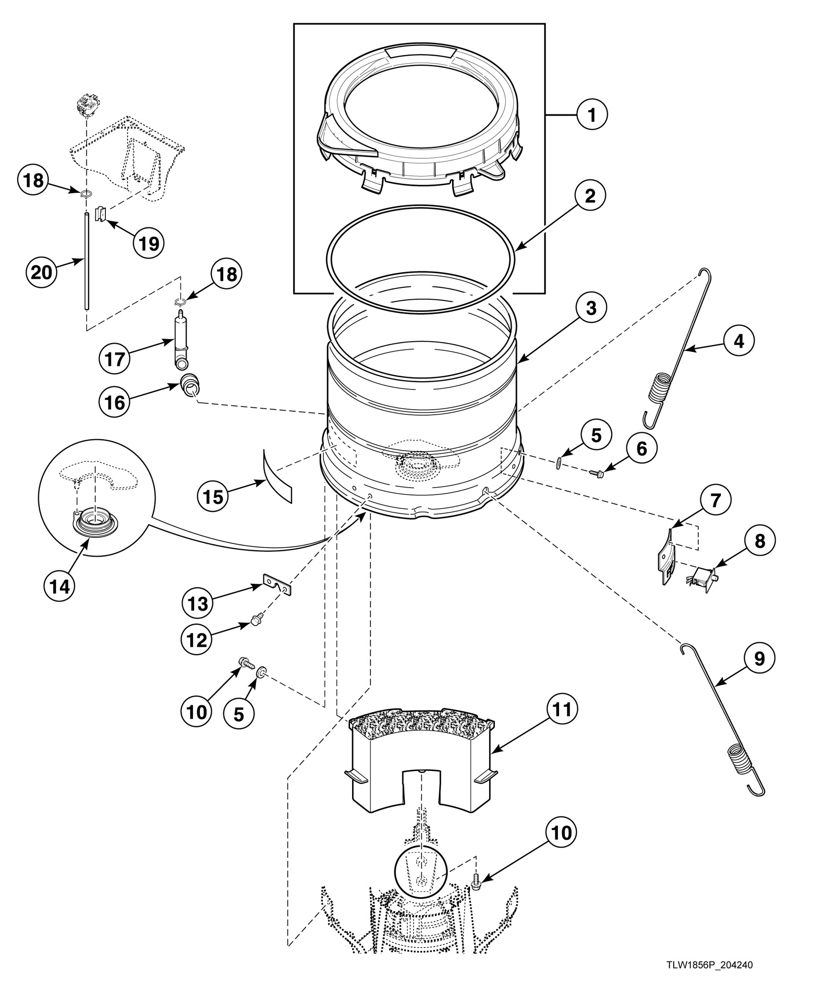 Outer Tub, Cover, Bearing and Seal Housing, Pressure Hose and Counterweight