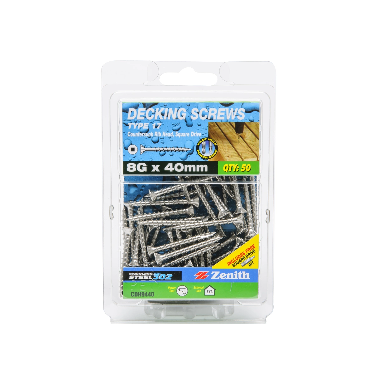 ZENITH® 8G x 40mm 304 Stainless Steel, Square Drive, Decking Screws – External Use – 50 Pack
