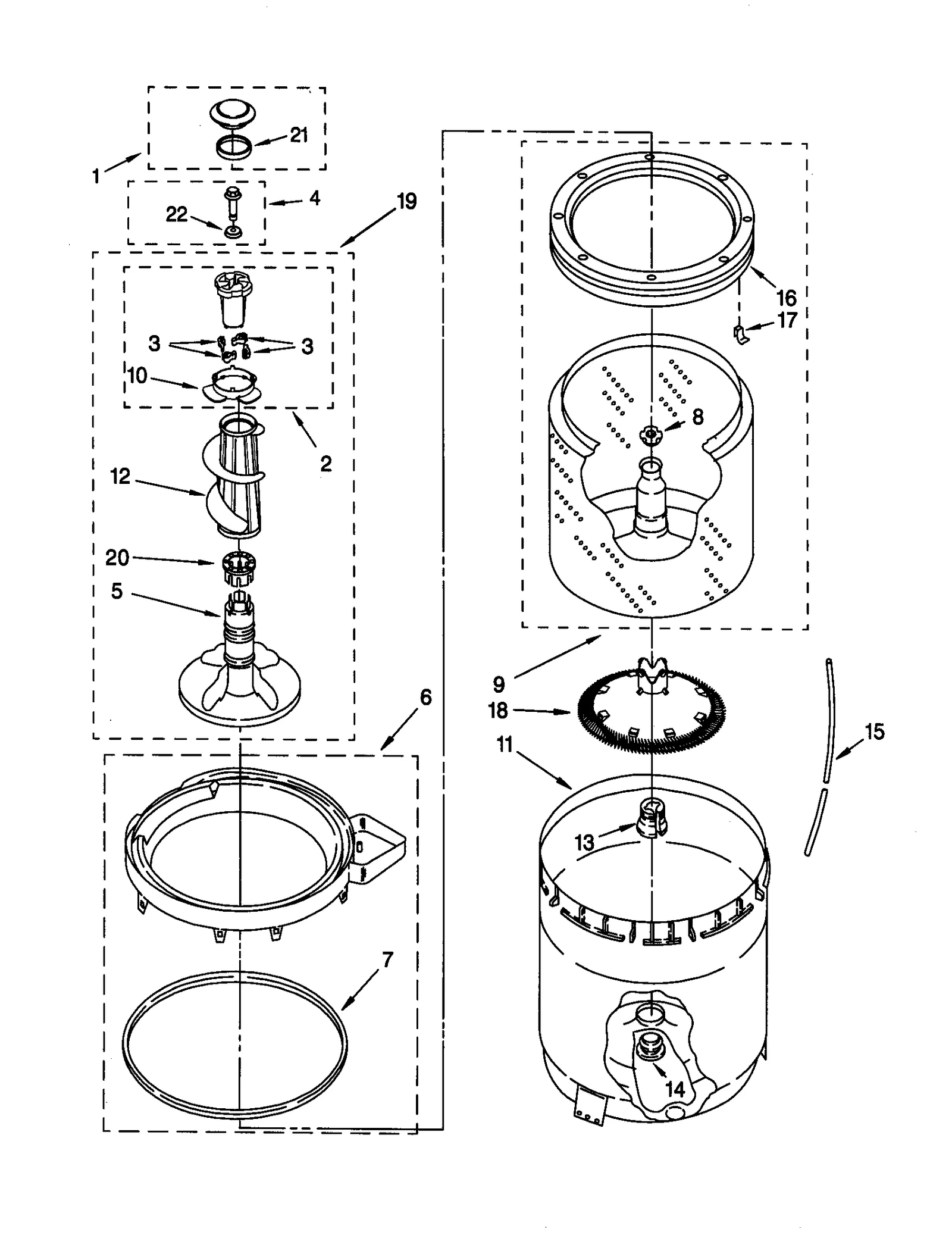 AGITATOR, BASKET AND TUB