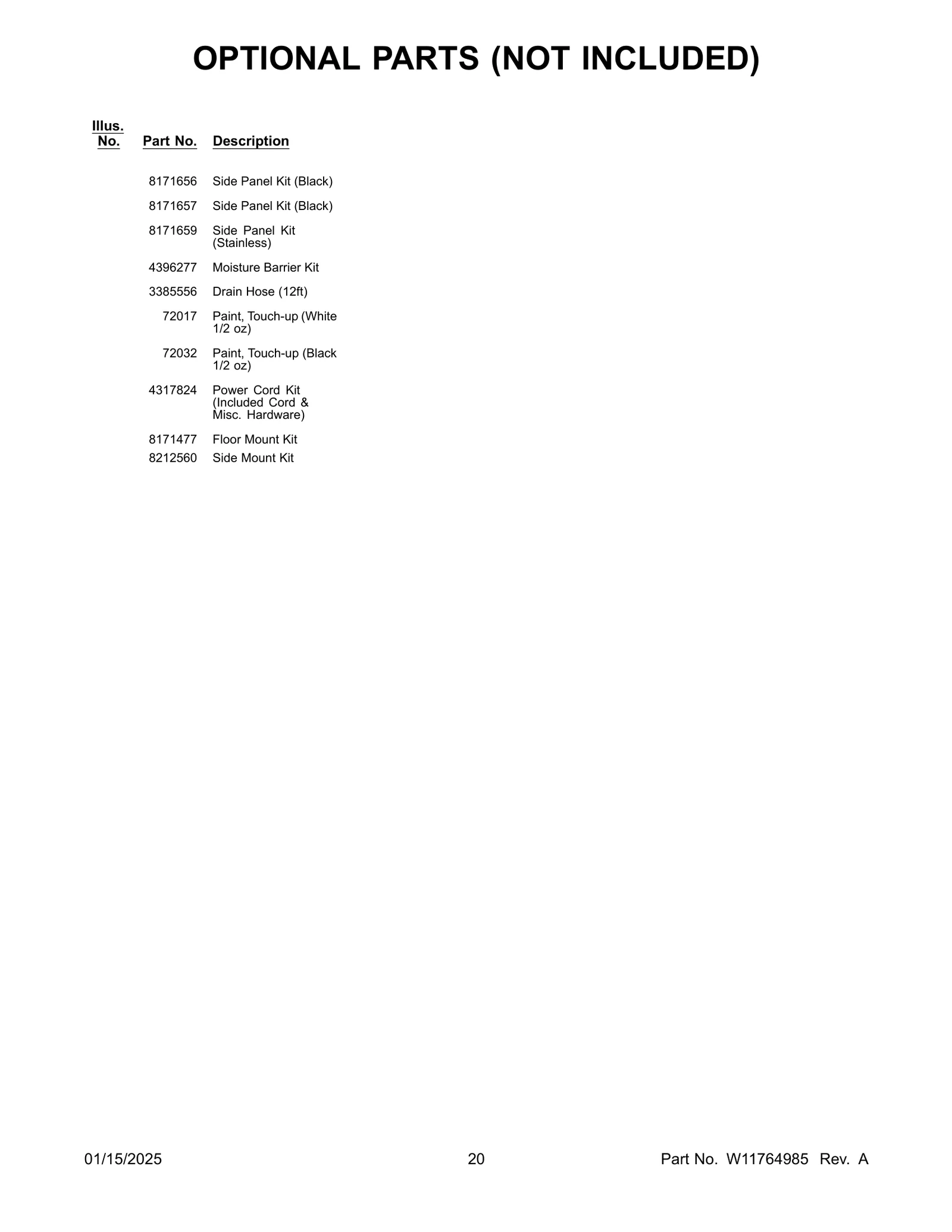 OPTIONAL PARTS (NOT INCLUDED)