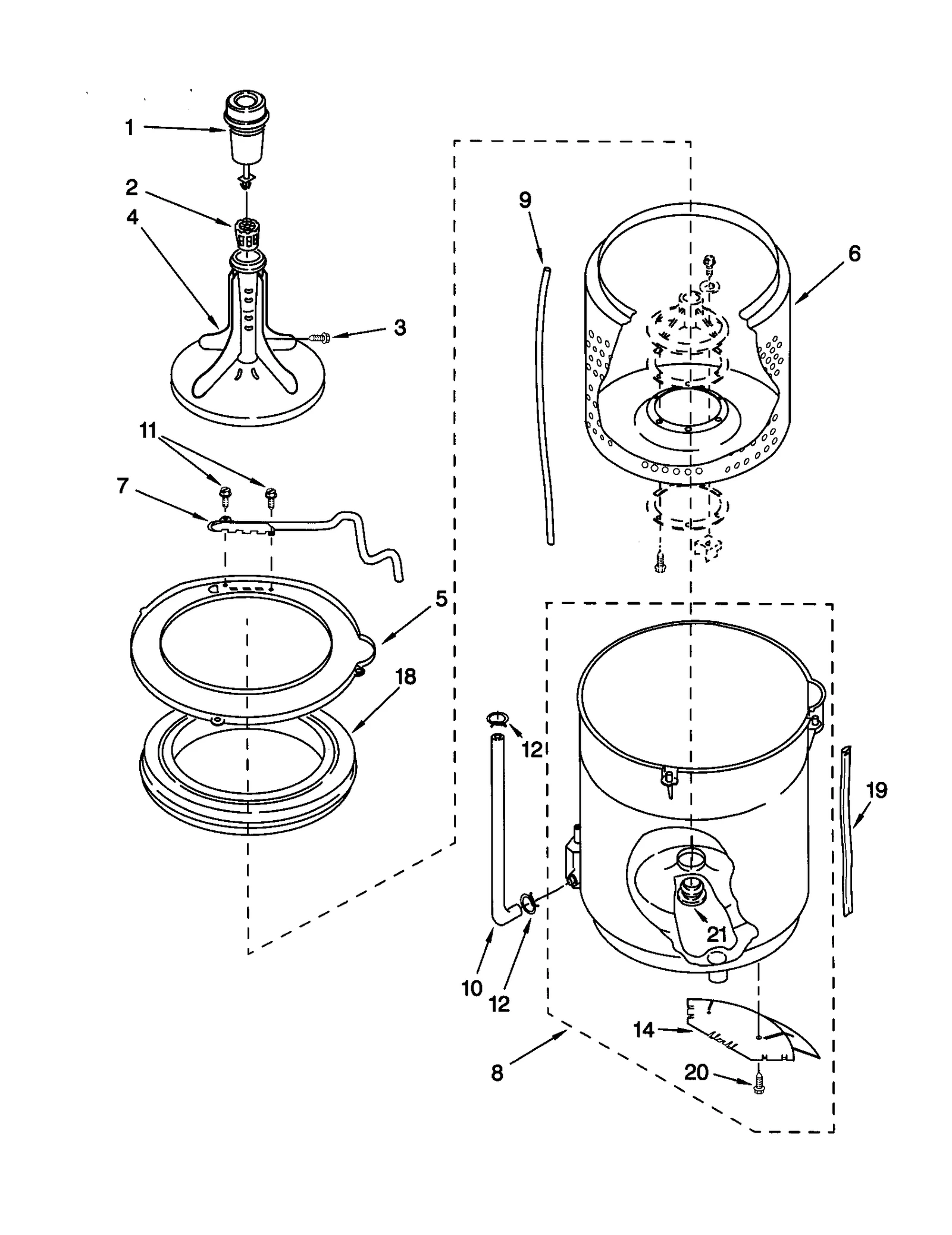 AGITATOR, BASKET, AND TUB