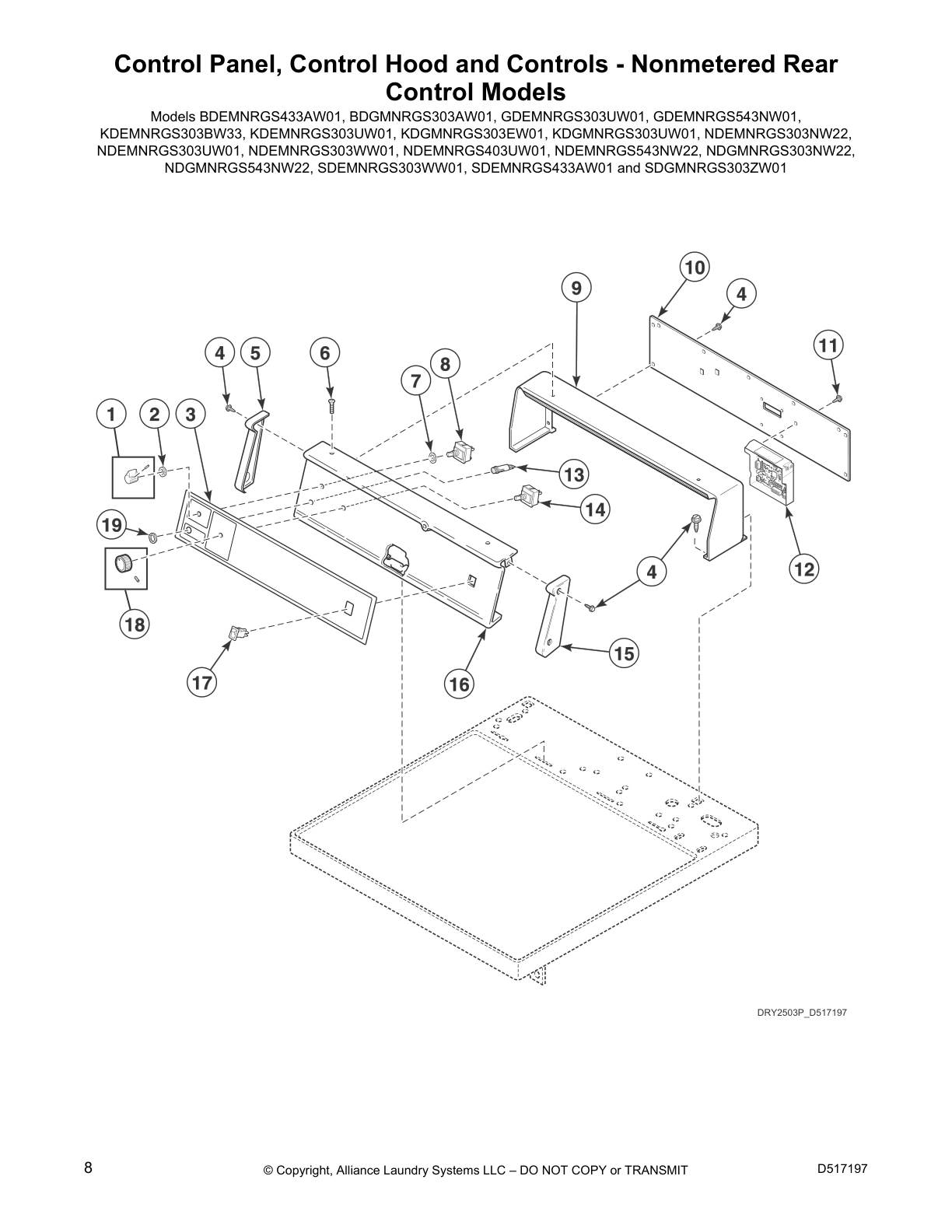 Control Panel, Control Hood and Controls - Nonmetered Rear 
Control Models
