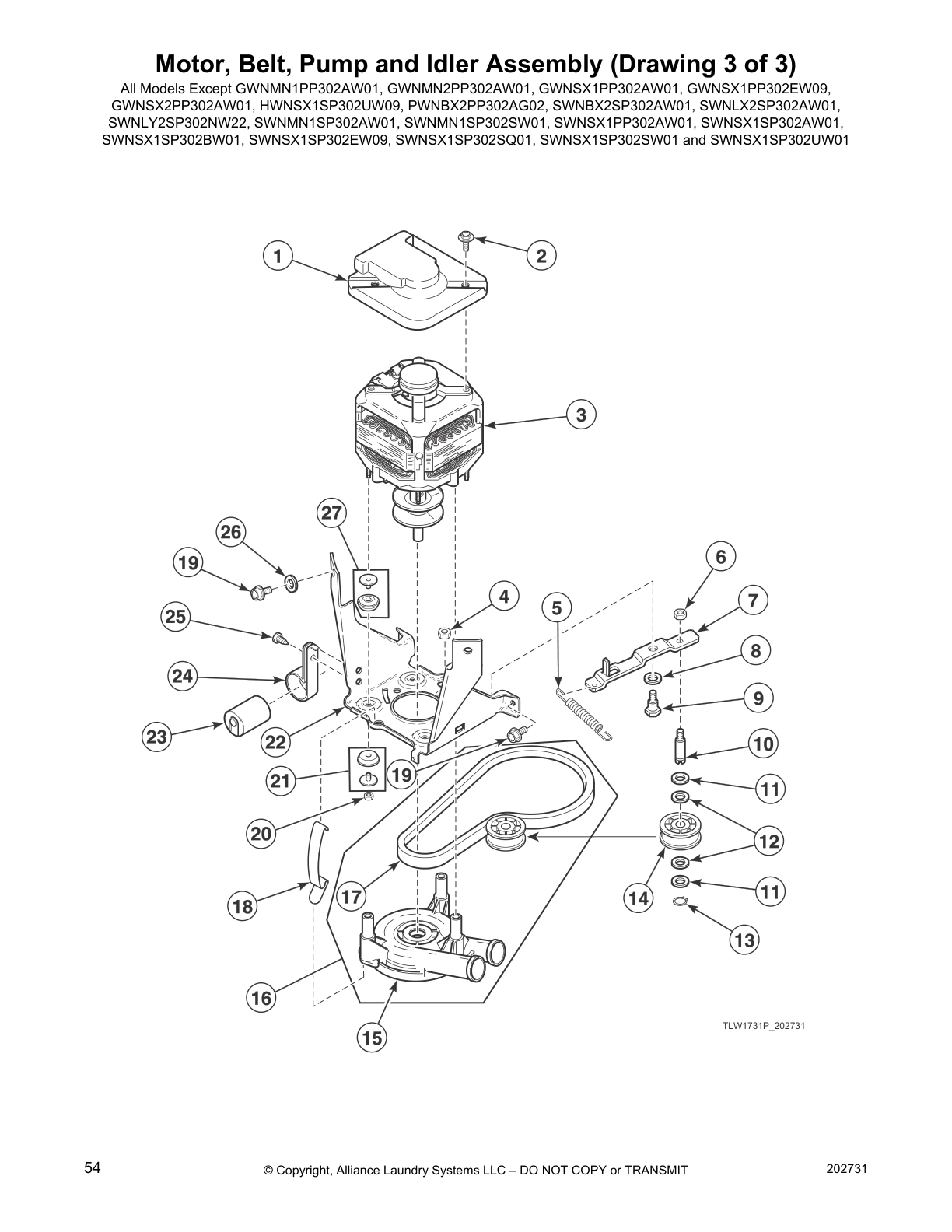 Motor, Belt, Pump and Idler Assembly (Drawing 3 of 3)