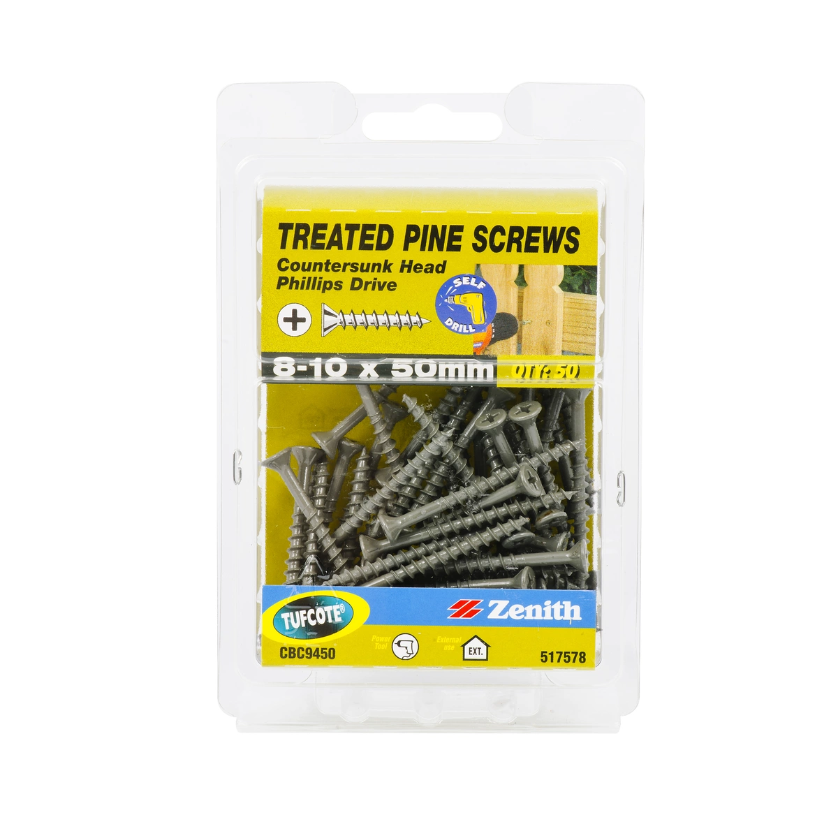 ZENITH® 8G x 50mm TUFCOTE®, Phillips Drive, Treated Pine Screws – External Use – 50 Pack